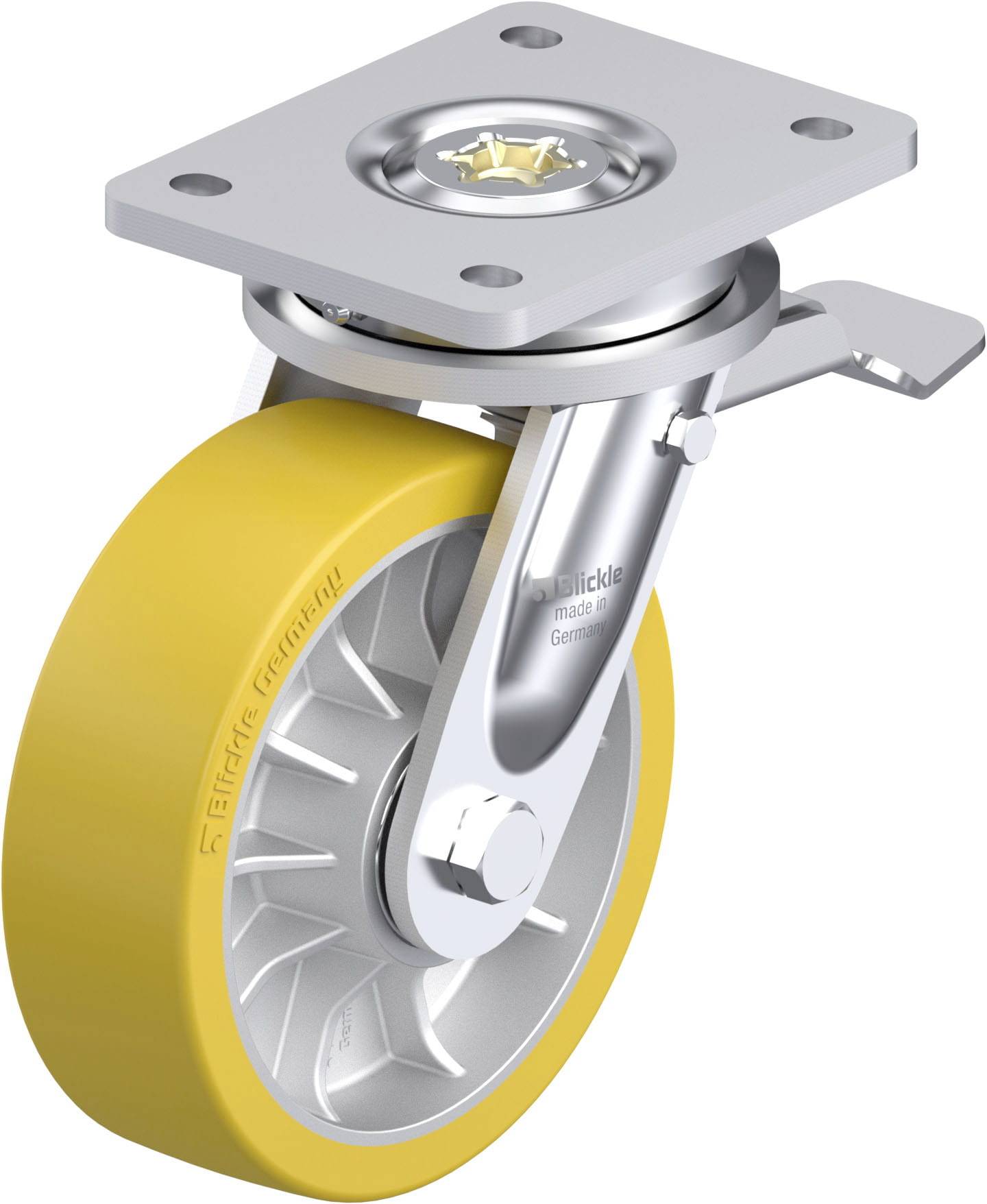 Industrienorm-Rolle aus Metall mit gelbem Rad und Halterung, zeigt 'Tente' Aufschrift. Geeignet für schwere Lasten oder Maschinen.