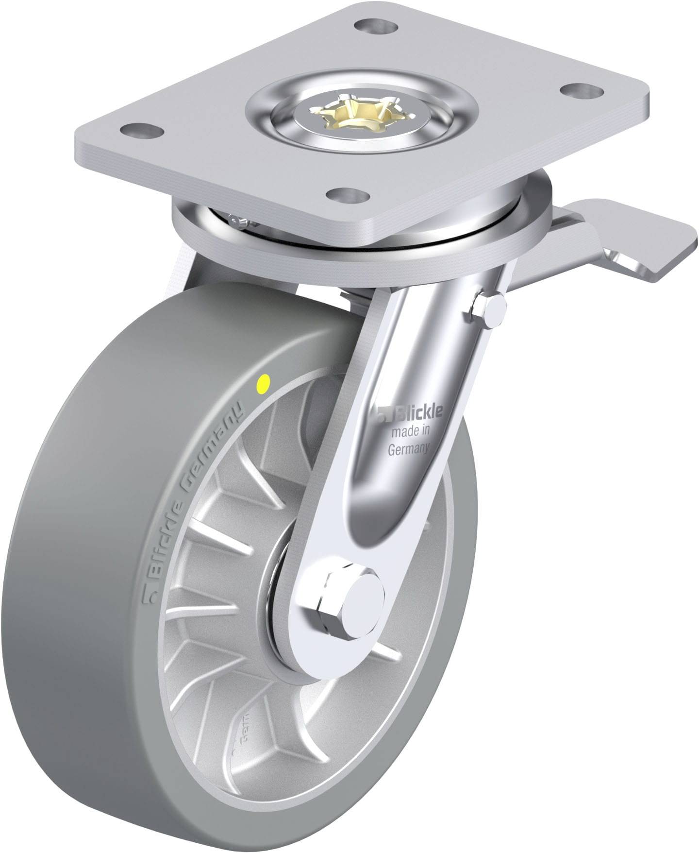 Graue Schwerlastrolle mit Metallsockel und Bremse, geeignet für industrielle Anwendungen. Designed für robuste Mobilität.