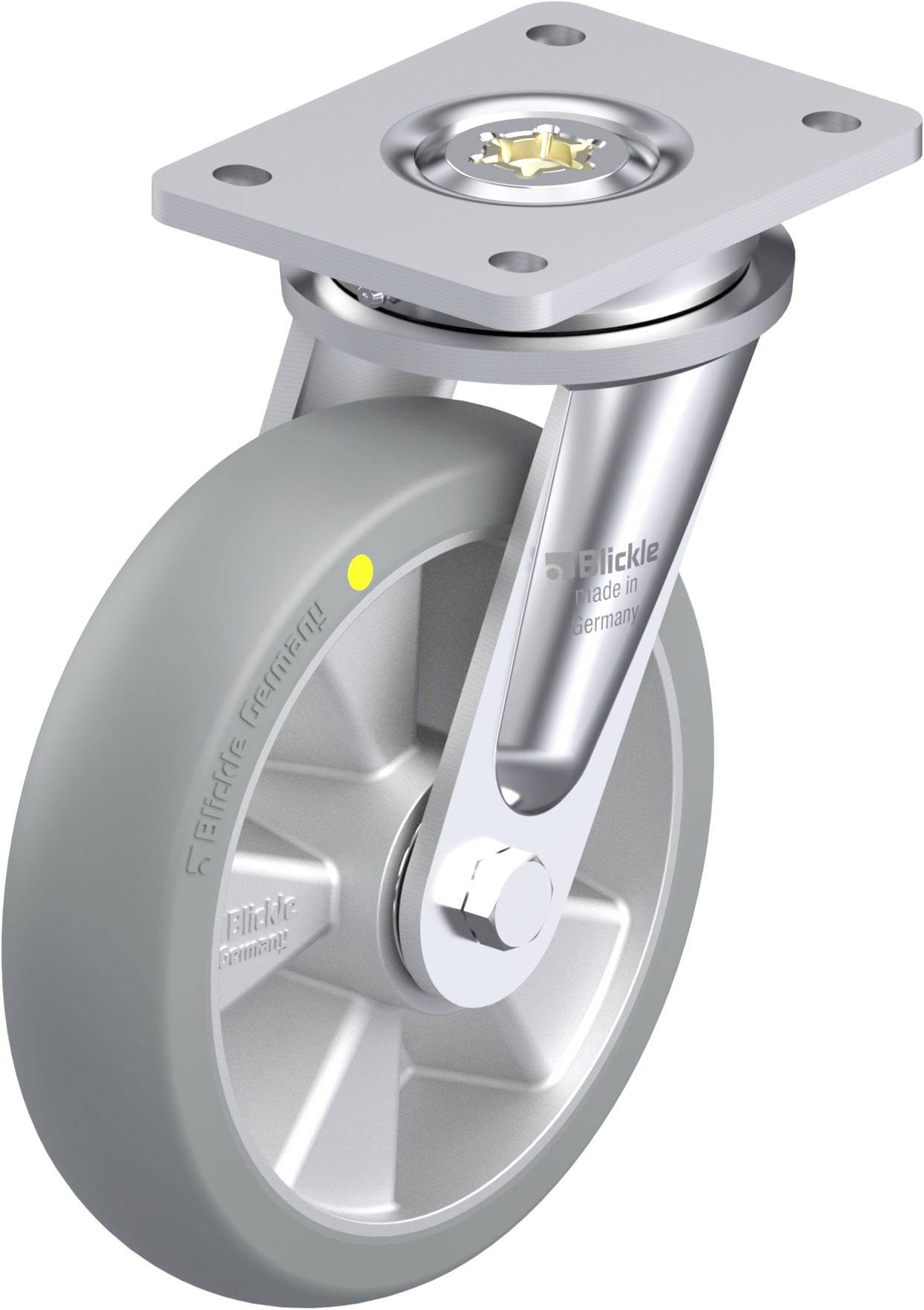 Darstellung eines robusten Schwenkrads mit grauem Rad und Metallscharnier, geeignet für industrielle Anwendungen.