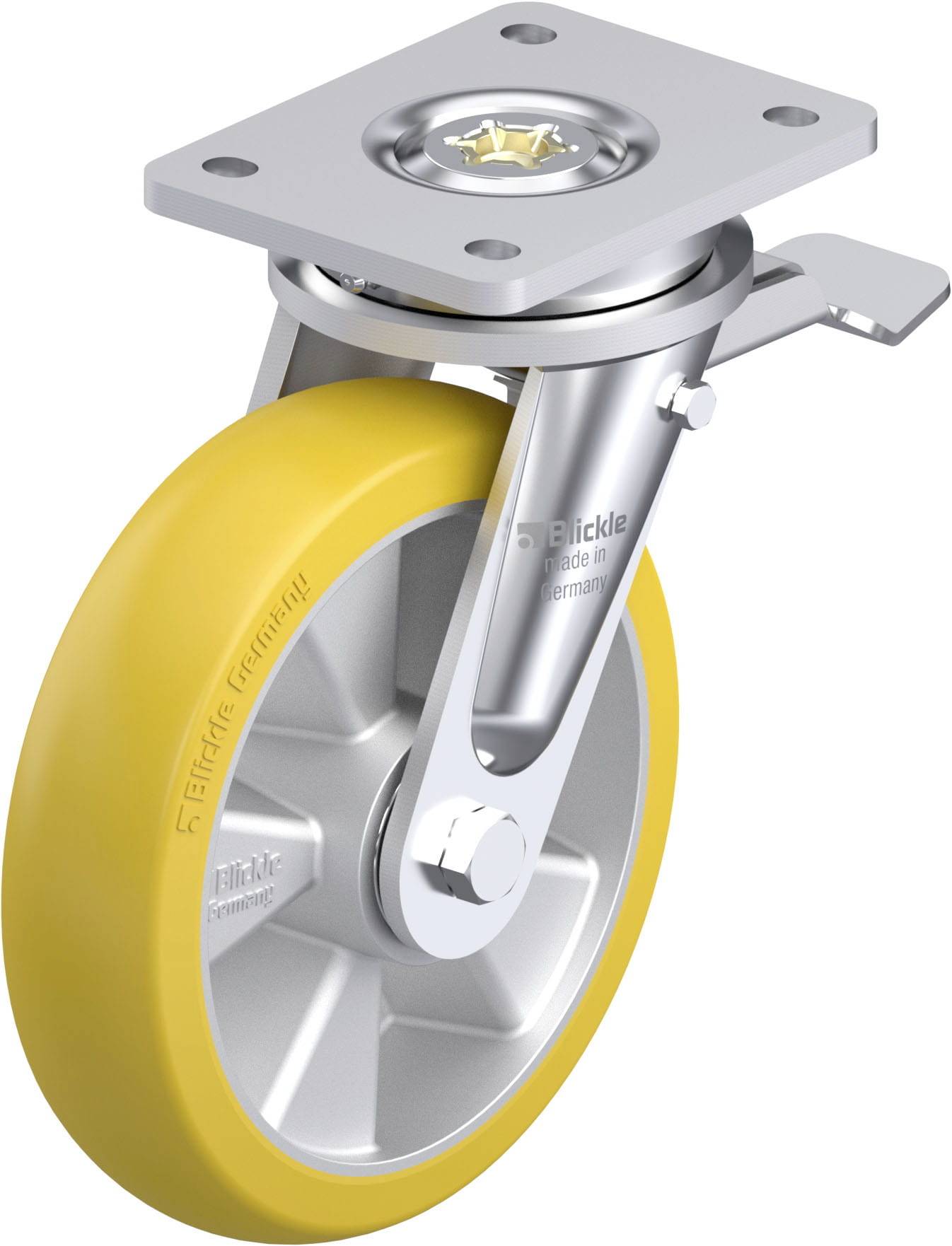 Industrie-Lenkrolle mit gelbem Rad und silbernem Metallgehäuse, für Last- und Transportgeräte. Markierung: 'Blickle - made in Germany'.