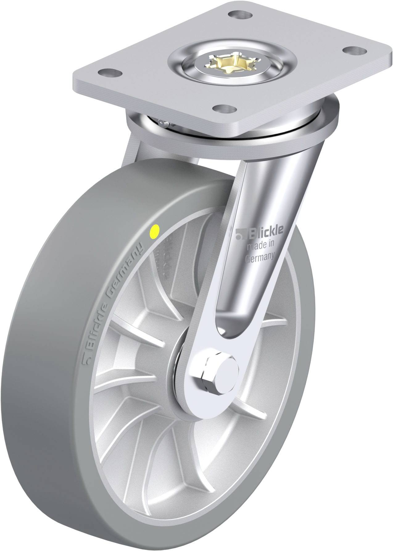 Graue Lenkrolle mit Metallhalterung, die auf dem Boden eines Transportgeräts montiert werden kann. Geeignet für leichtes Manövrieren.
