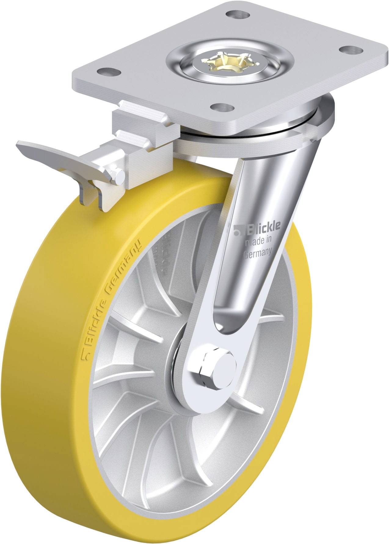 Industrie-Rollenrad mit gelbem Reifen und metallischem Halter, geeignet für schwere Lasten und vielseitige Anwendungen in der Logistik.