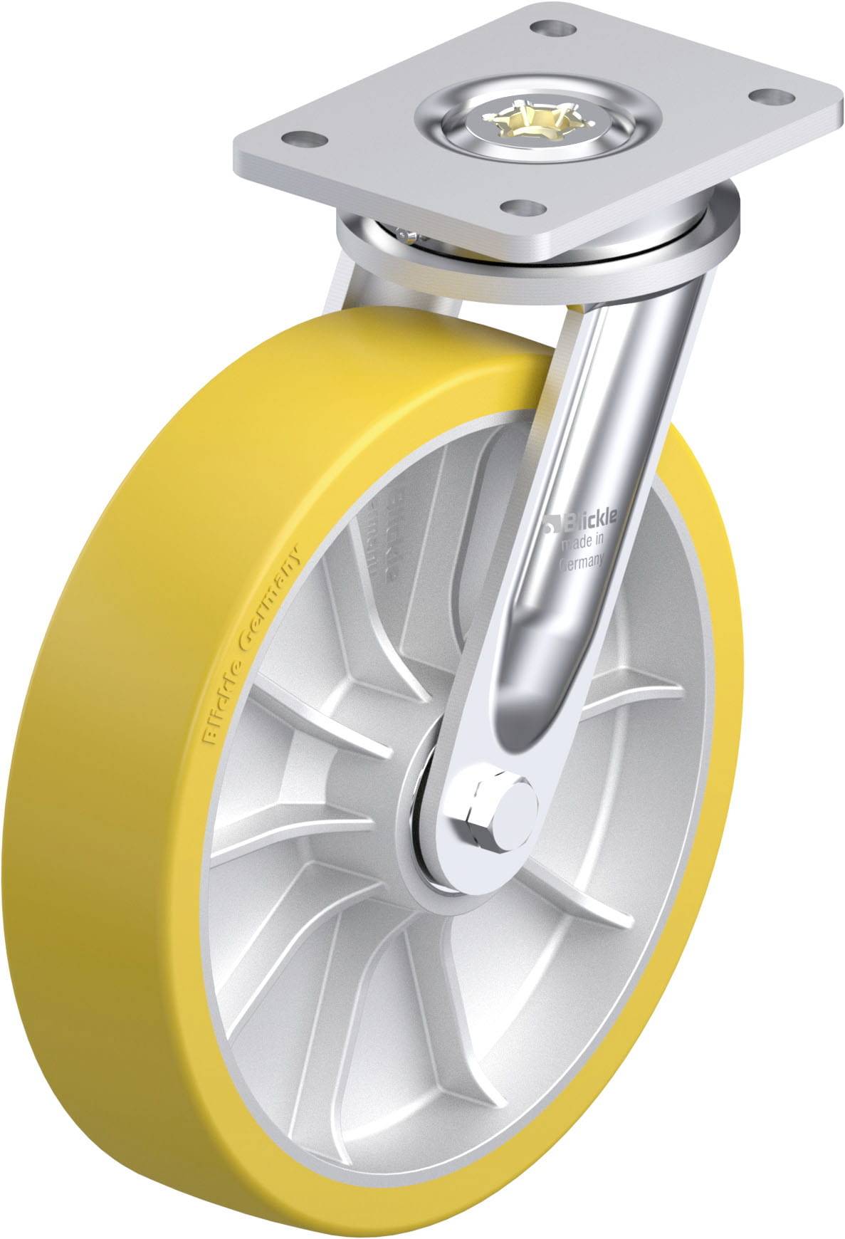 Gelbes Metall-Lenkrolle mit Befestigungsplatte, Lager und Rad; robustes Design für industrielle Anwendungen, zeigt Detailansicht.