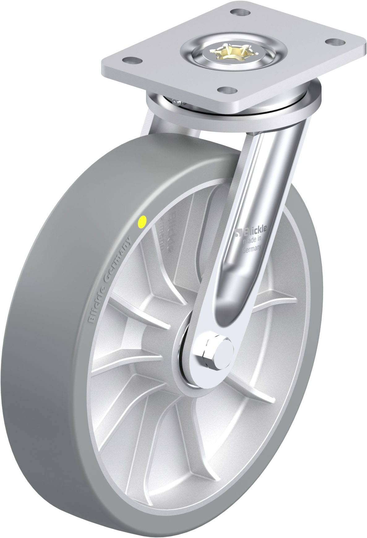 Industrie-Lenkrolle mit grauem Rad und Metallhalterung, geeignet für schwere Lasten. Perfekt für Maschinen oder Möbelbewegung.