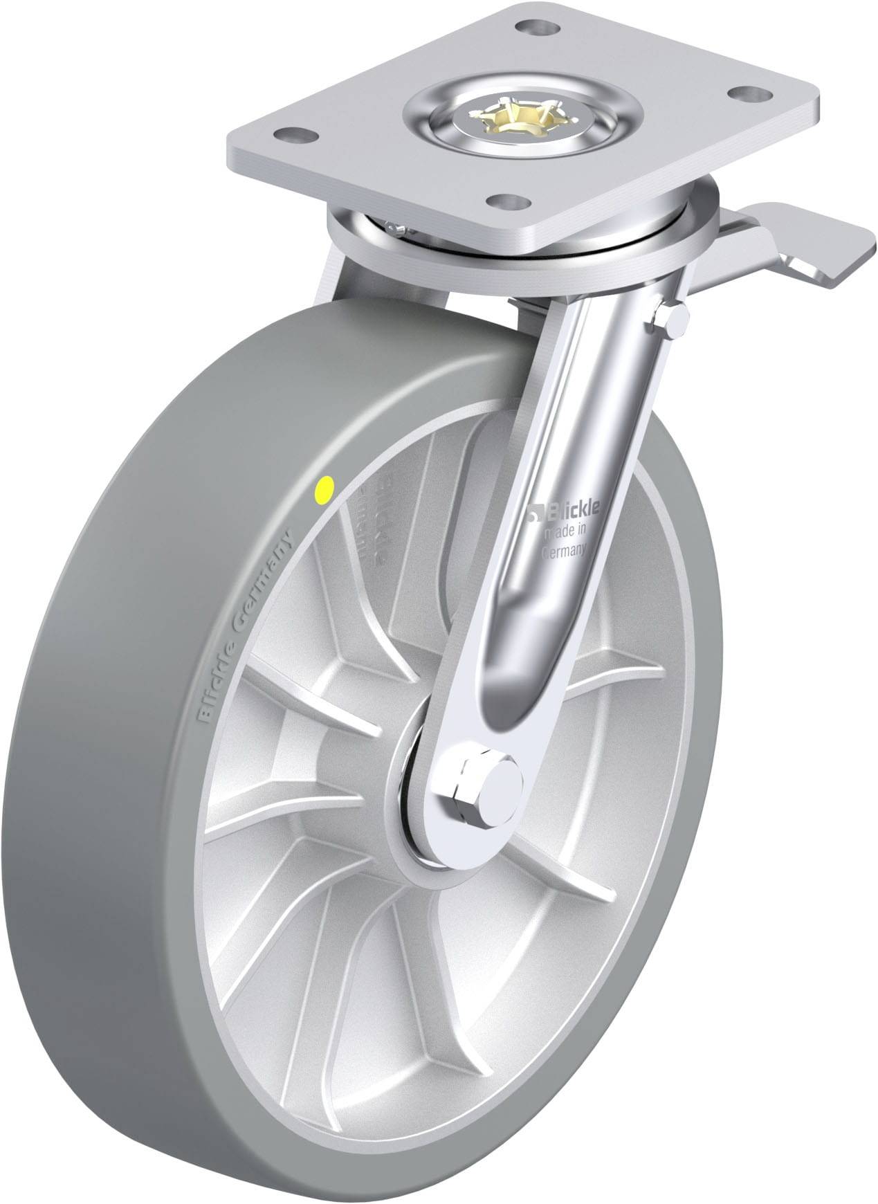 Rolllenkopf mit großem, grauem Rad aus Metall, offenem Design, seitlichem Befestigungsmechanismus und drehbarem Gehäuse.
