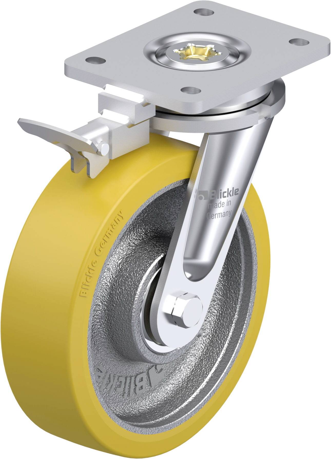 Industrie-Lenkrolle mit gelbem Rad und silbernem Metallgehäuse. Oberseite hat eine Platte zur Befestigung und einen Verriegelungsmechanismus.