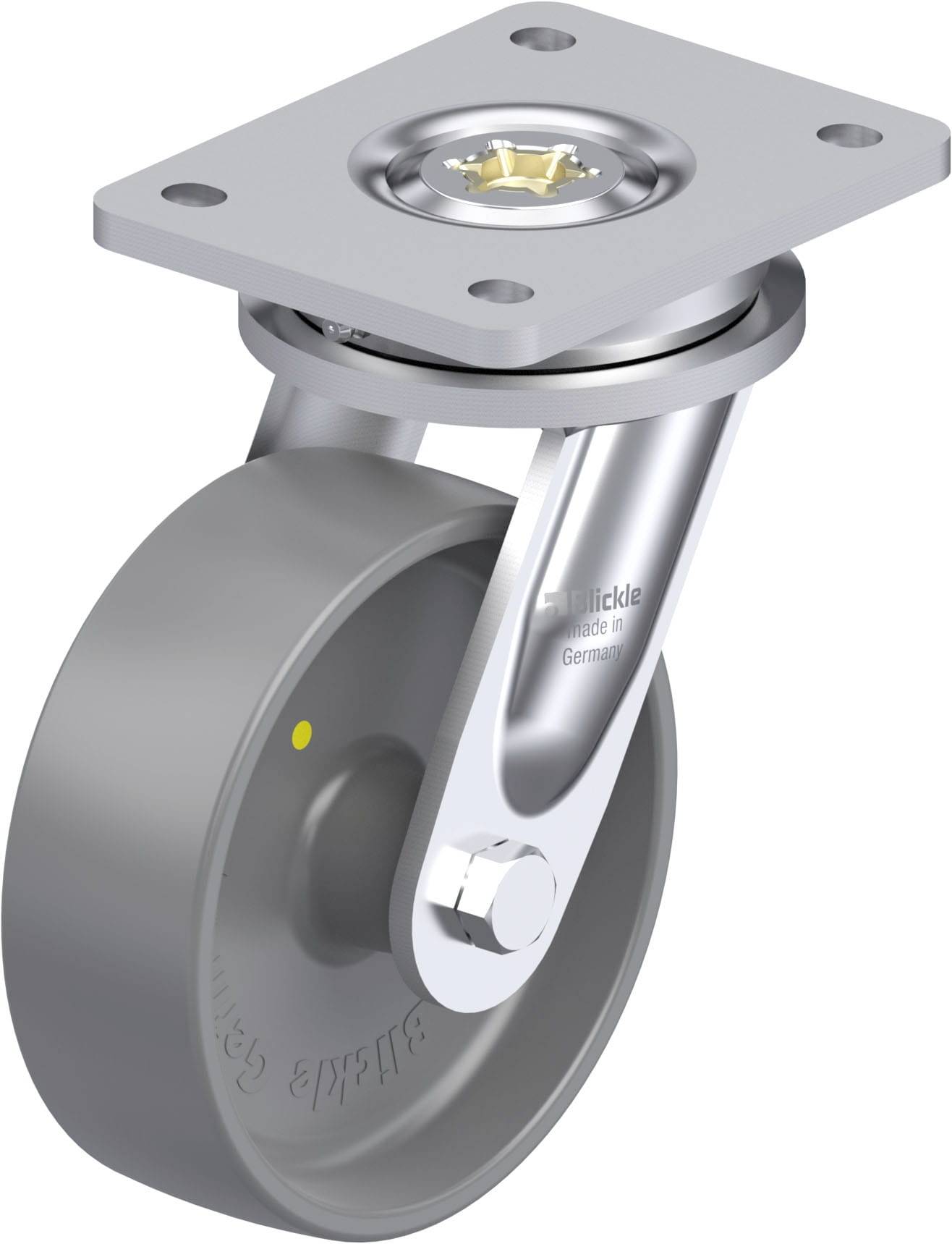 Graue Lenkrolle aus Metall mit grauem Rad und Befestigungsplatte, geeignet für Transportgeräte.