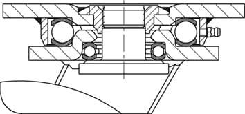 Querschnitt einer technischen Zeichnung eines Kugellagers mit mehreren Kugeln und Metallteilen, oben und unten abgebildet.