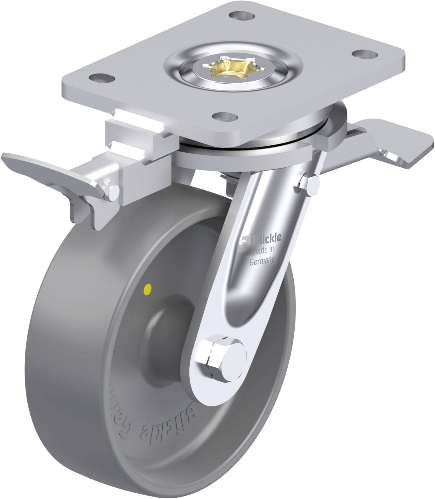 Eine drehbare Lenkrolle aus Metall mit grauem Rad und integrierter Befestigungsplatte, geeignet für schwere Lasten und industrielle Anwendungen.