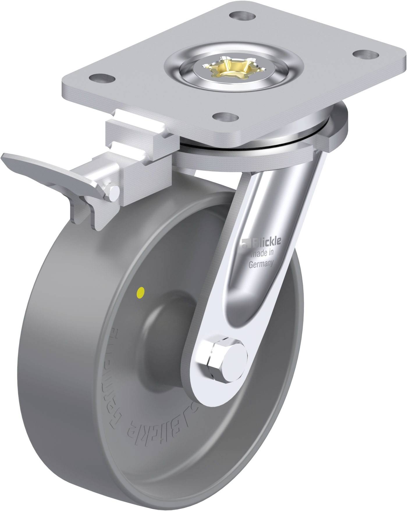 Lenkrolle mit grauem Rad und Metallhalterung, geeignet für Möbel oder Industrieanwendungen, mit einem Montagesystem oben.