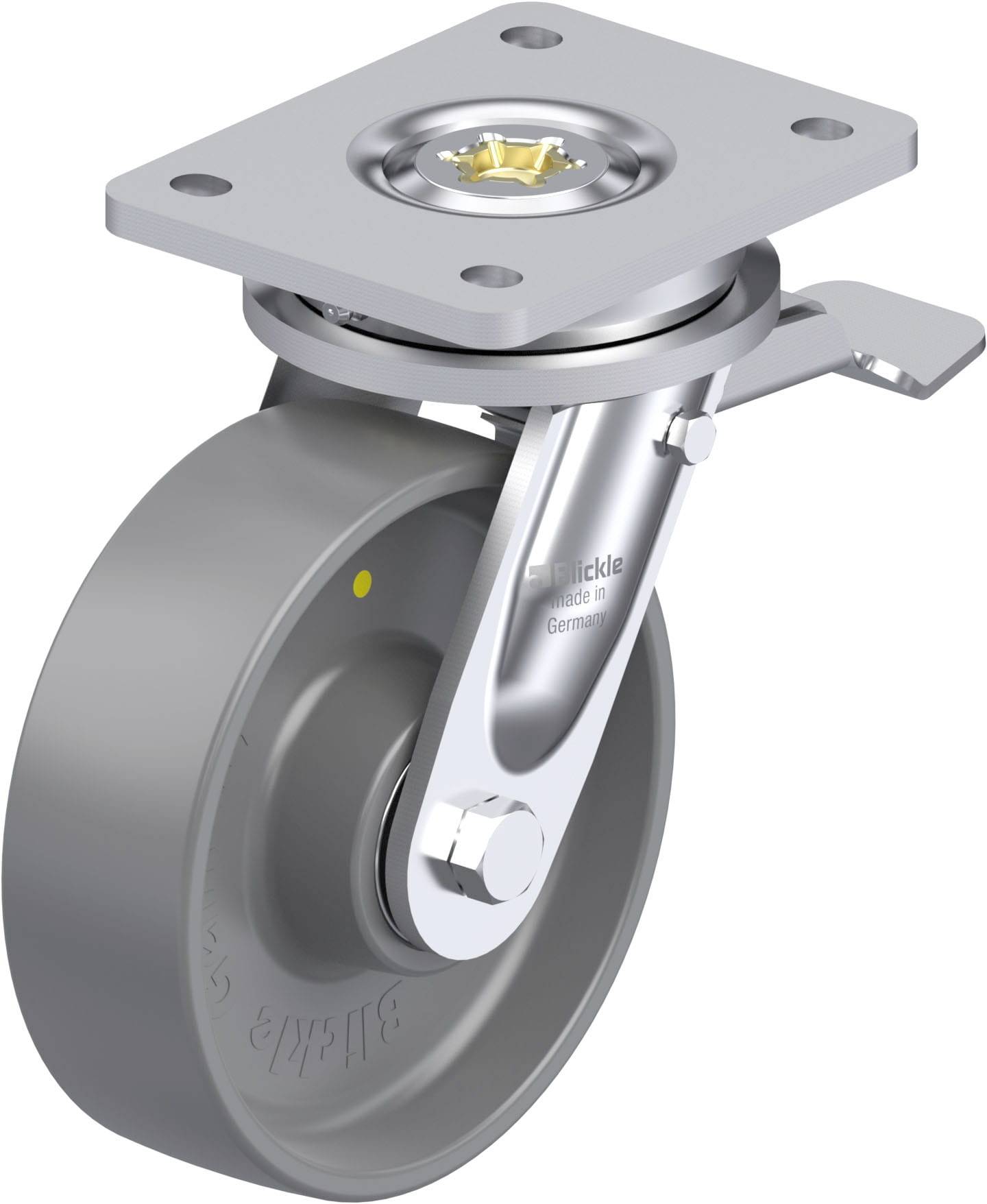 Schwenkrolle mit grauem Rad und Metallgehäuse, geeignet für schwere Lasten und vielseitige Einsatzmöglichkeiten.