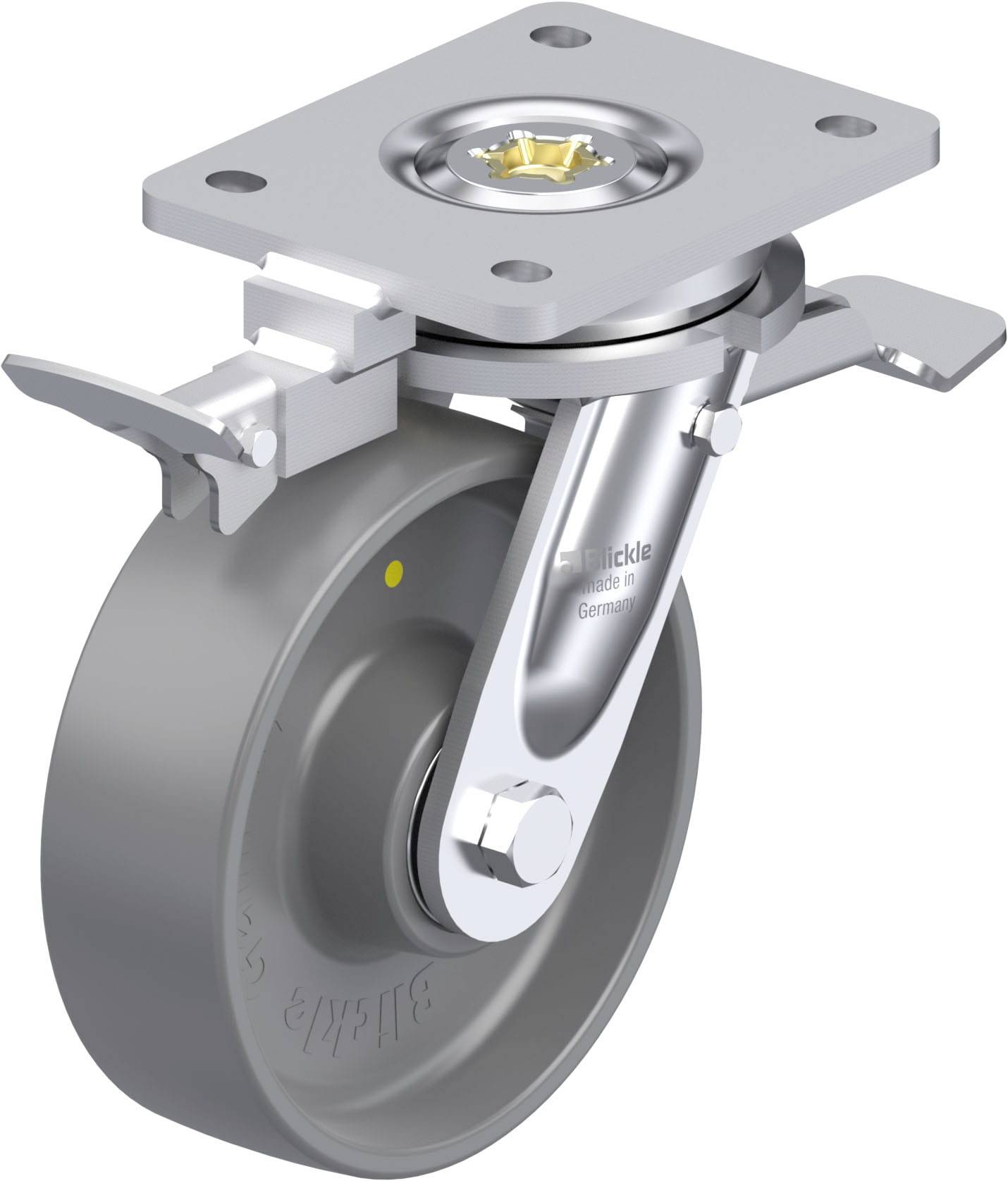 Rollenrad aus Metall mit einer Halterung, das für industrielle Anwendungen genutzt wird. Es hat einen Drehmechanismus und eine Bremse.