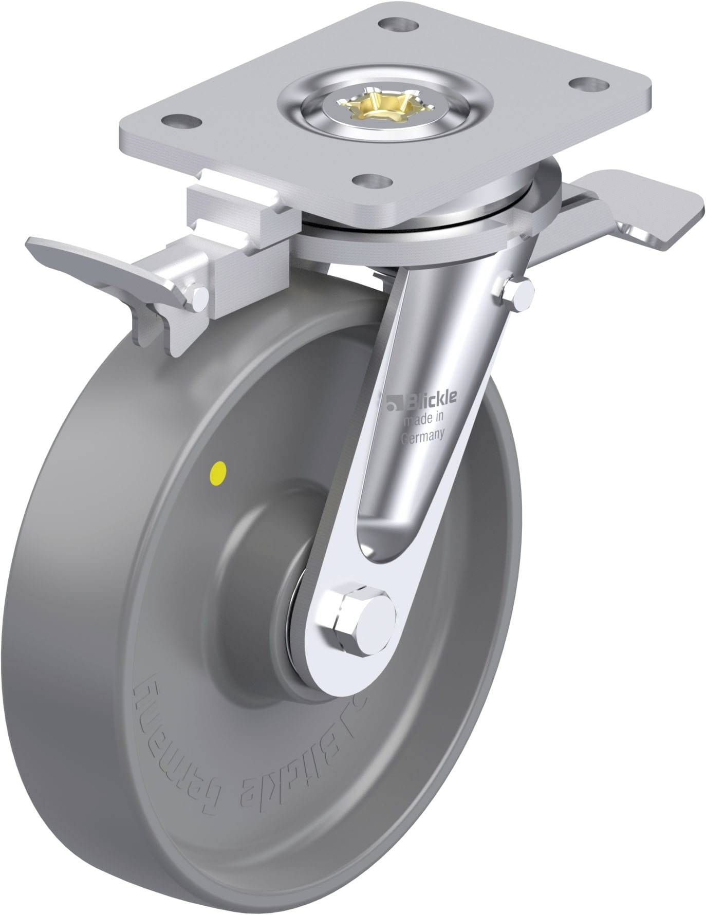 Ein graues Schwerlast-Lenkrolle mit Bremse, montiert in einer drehbaren Halterung. Geeignet für industrielle Anwendungen.