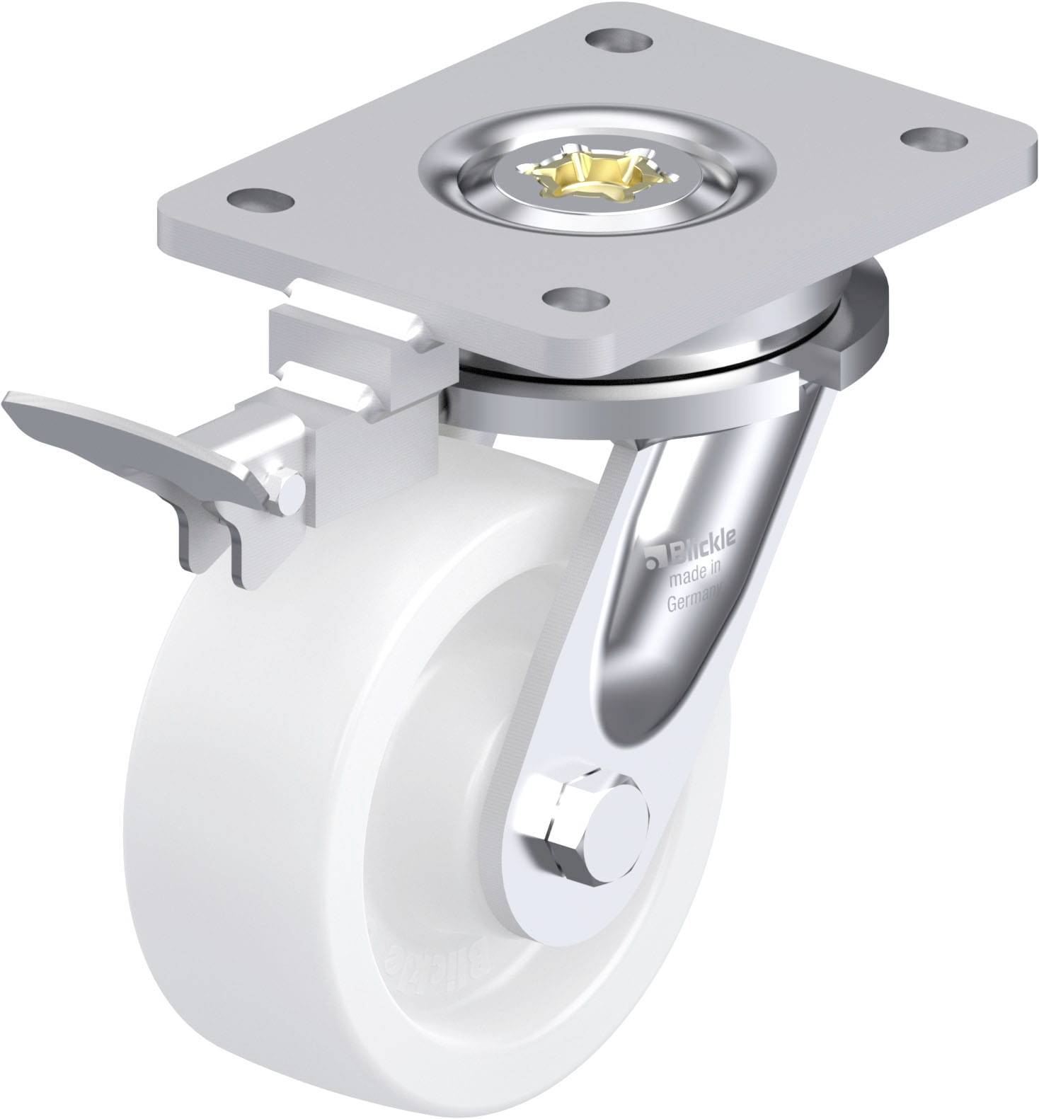 Industrie-Drehräder mit feststellbarer Bremse, Metallplatte zur Montage, robustes Design. Hauptsächlich in Transport und Logistik verwendet.