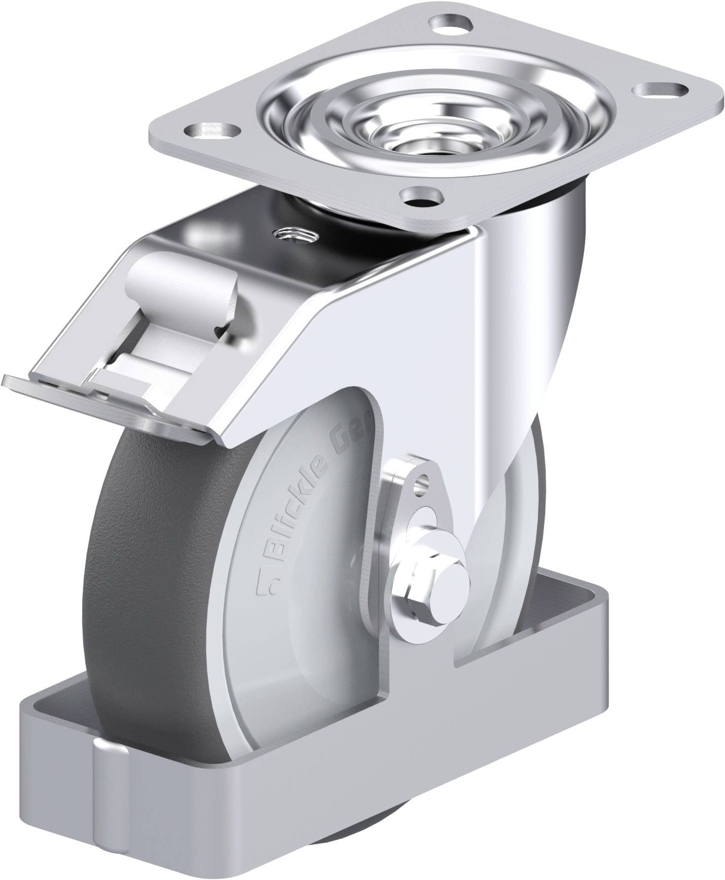 Metallisches Lenkrollenrad mit Gummibereifung und Halterung, geeignet für den Einsatz an Möbeln oder Geräten zur leichten Beweglichkeit.