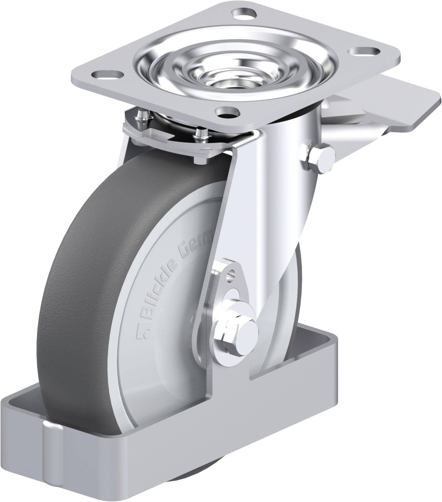 Graues, drehbares Industrielenkrolle mit Metallplatte. Geeignet für Möbel oder Transportgeräte für leichte bis mittlere Lasten.