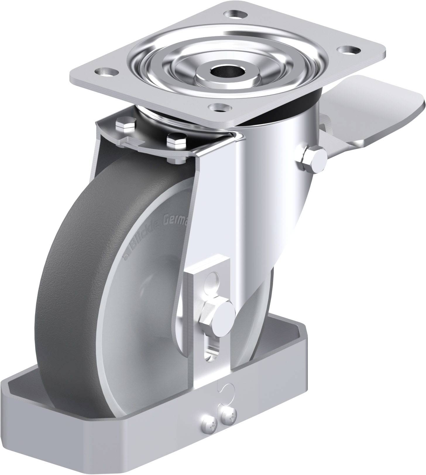 Industrie-Rollenlager aus Metall mit Bremse, montierbar auf flachen Oberflächen. Geeignet für schwere Gerätebewegung.