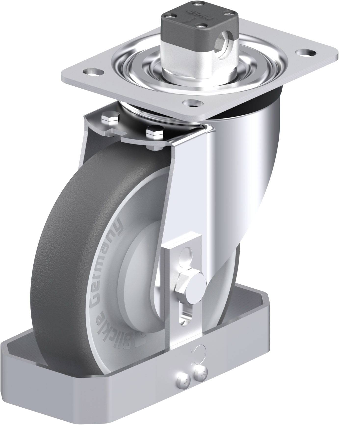 Schwenkrolle mit Bremse, silbernes Gehäuse, graues Rad. Anpassbar für Möbel oder Maschinen, bietet Stabilität und Mobilität.