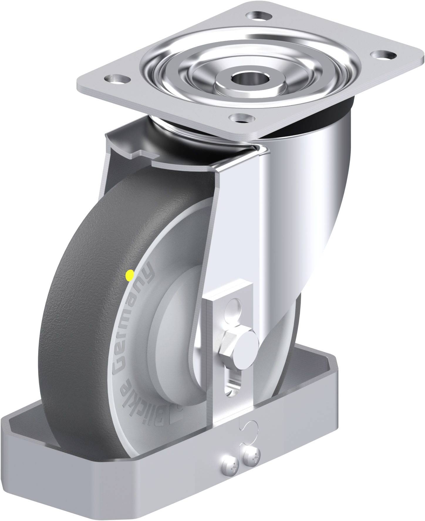 Metall-Lenkrolle mit schwarzem Gummirad, Befestigungsplatte und Kugellager. Eignet sich für Möbel oder schwere Geräte.