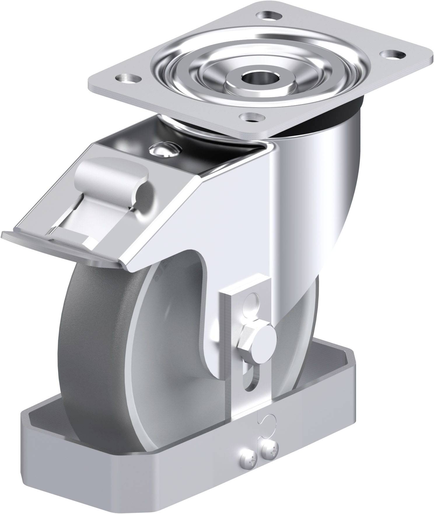 Industrie-Lenkrolle mit Befestigungsplatte, graue gummierte Lauffläche, Gehäuse aus Metall, geeignet für den Transport schwerer Lasten.