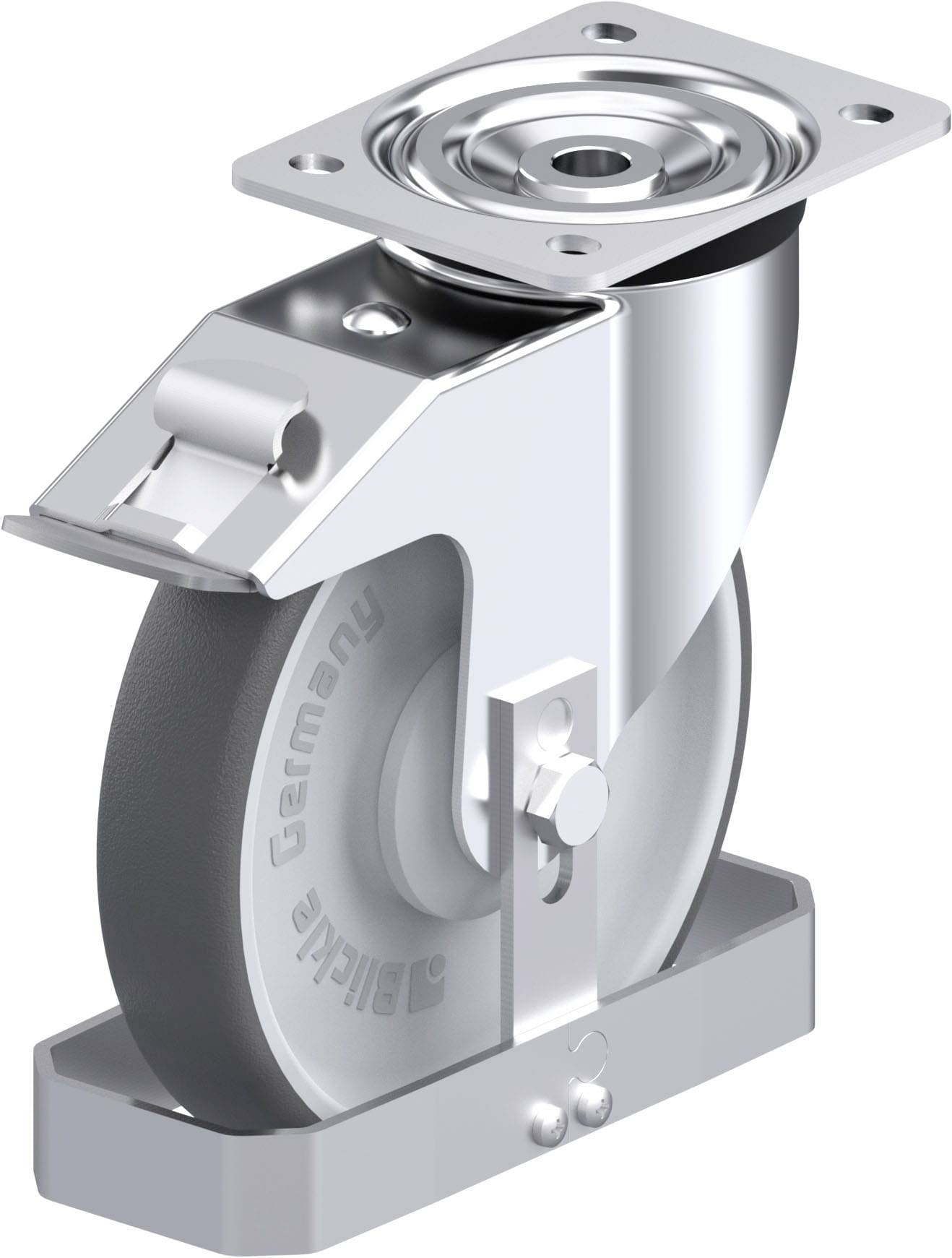 Industrielle Lenkrolle aus Metall mit grauem Gummirad. Sie besitzt eine rechteckige Montageplatte oben und ist für schwere Lasten geeignet.