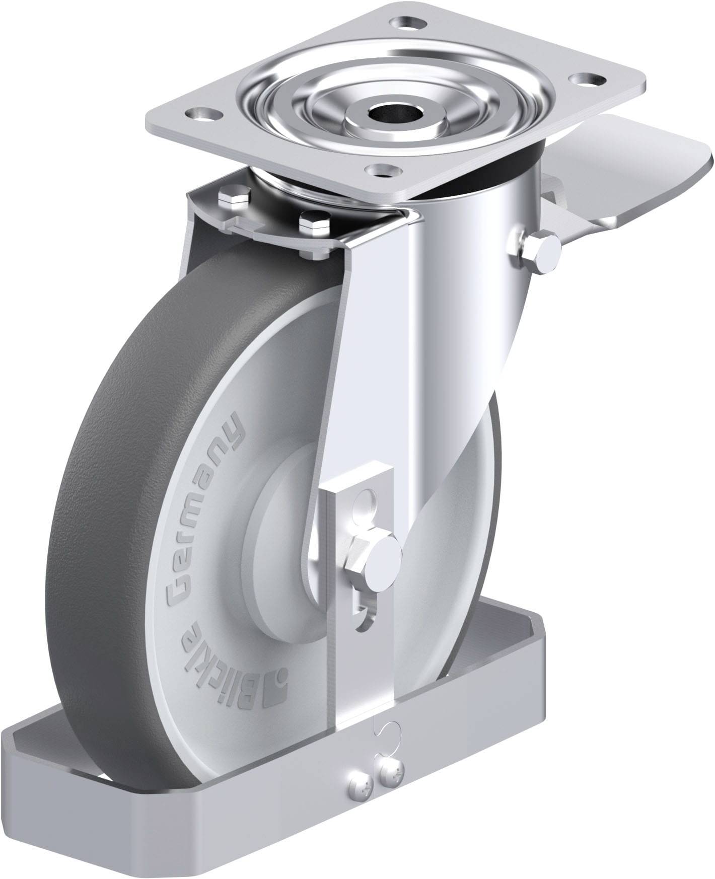 Industrie-Lenkrolle mit grauem Gummirad und Metallgehäuse. Die Rolle hat eine quadratische Metallplatte zur Befestigung.