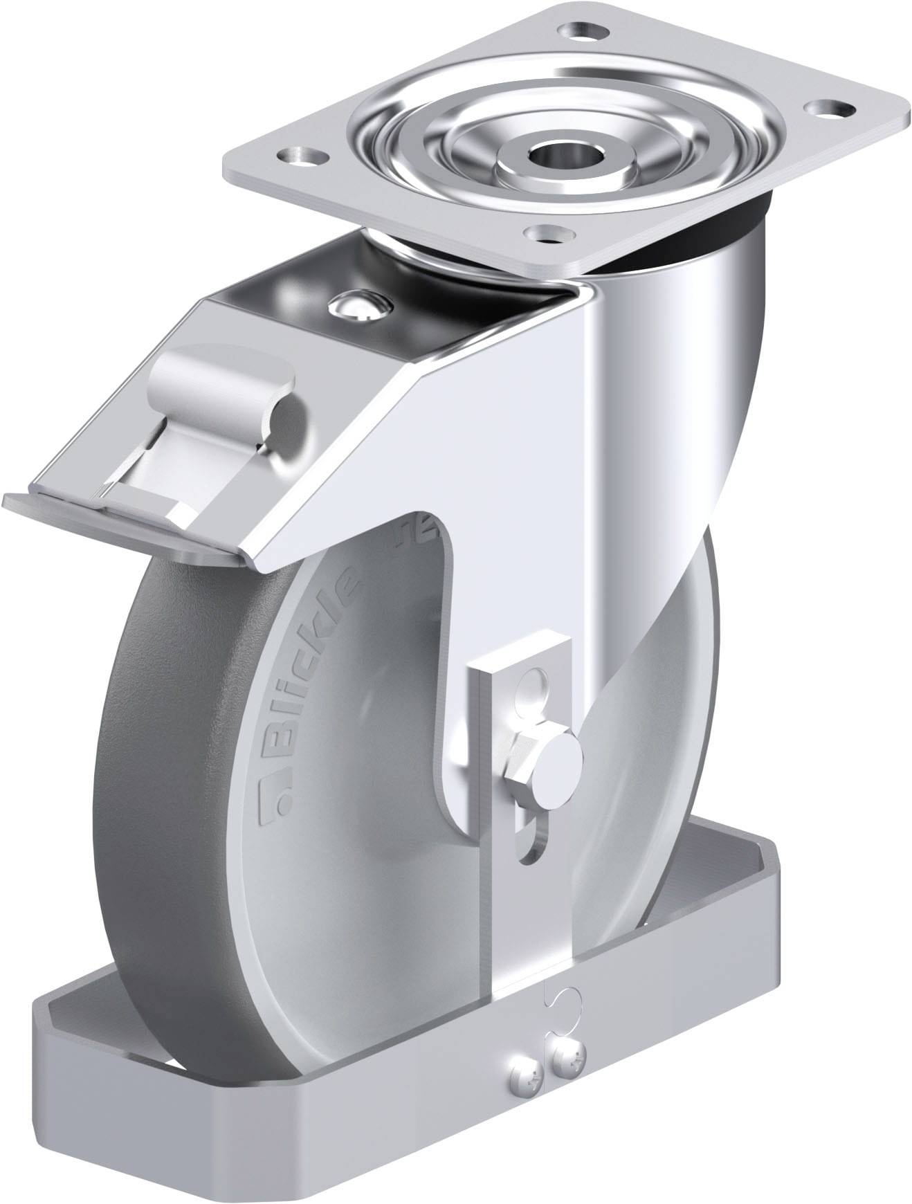 Metallisches Lenkrollenrad mit grauer Gummibereifung, montiert an einer rechteckigen Platte mit drehbarer Achse.