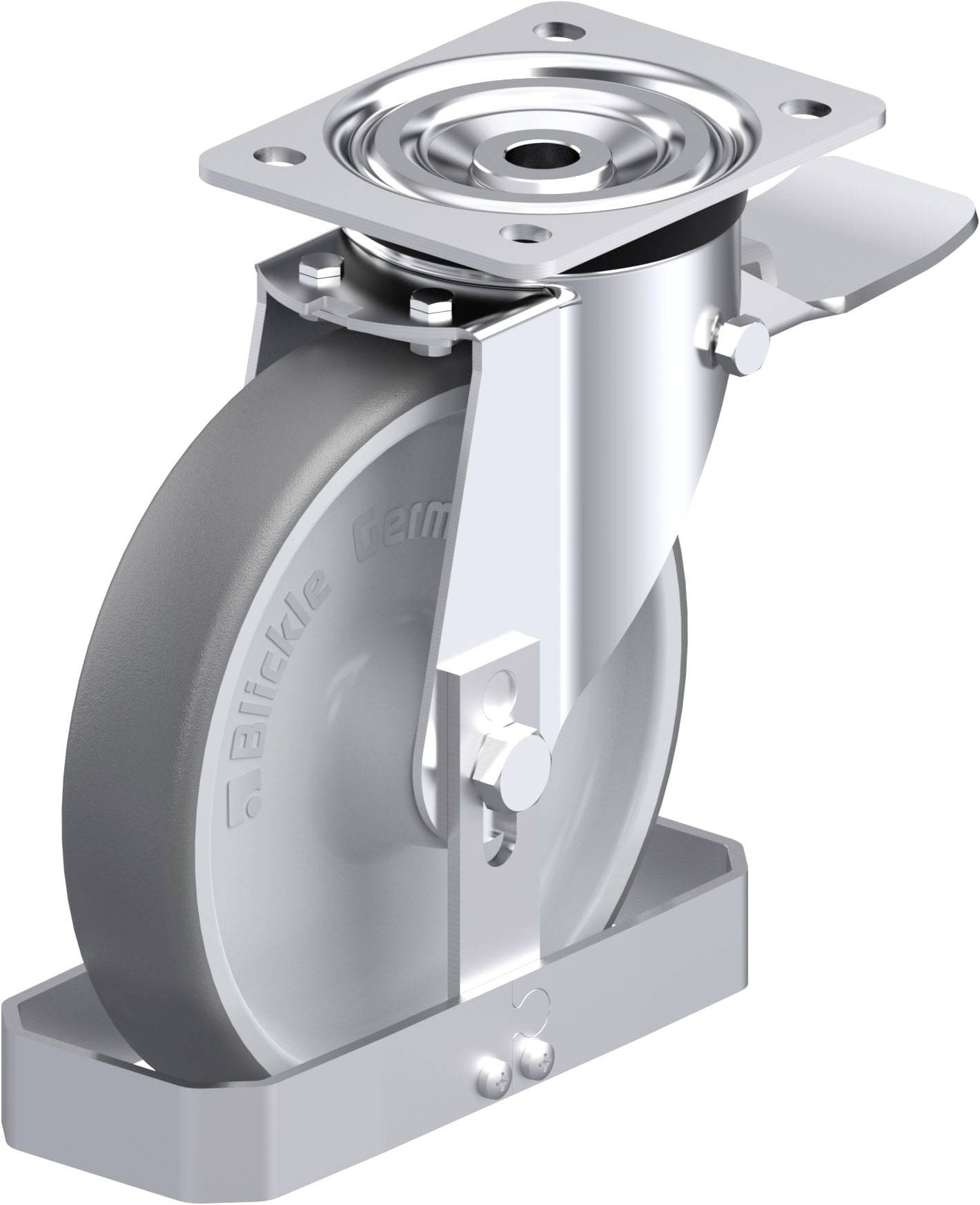 Graues Lenkrolle aus Metall und Kunststoff mit einem drehbaren Halter, meist für Transportgeräte oder Maschinen verwendet.