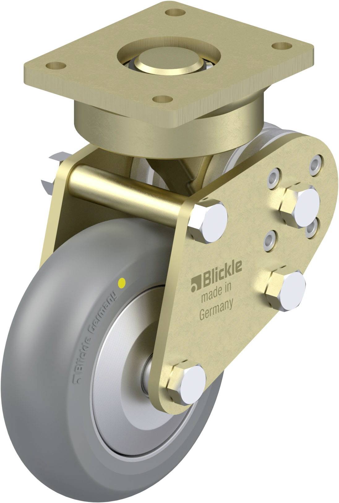Grau-goldenes Industrierad aus Metall und Kunststoff, mit Aufschrift 'Blickle made in Germany', zeigt Rollenlager-Design.
