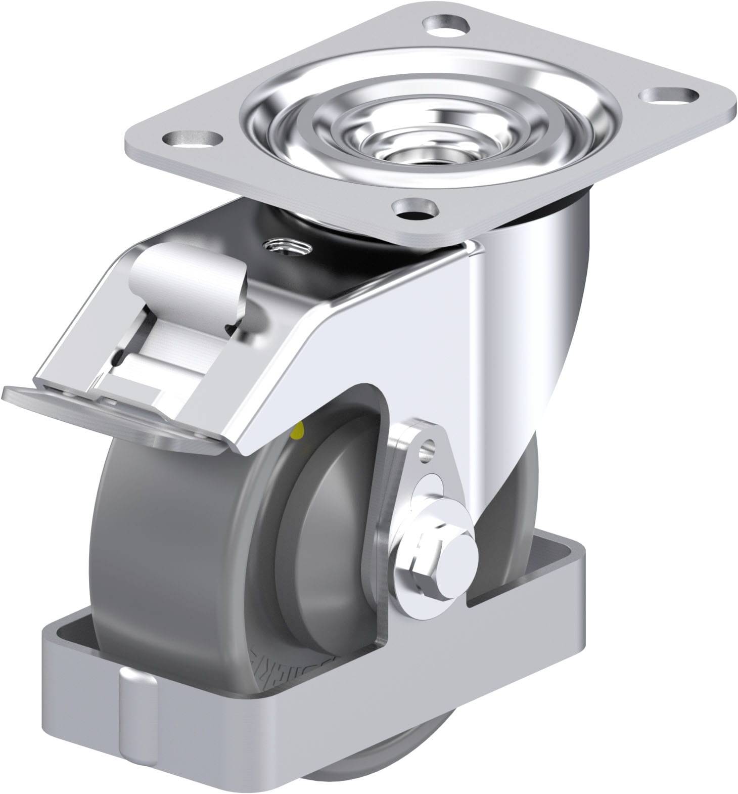 Industrie-Feststellrolle aus Metall mit grauem Rad. Geeignet für schwere Lasten in Lager- oder Werkstattumgebungen.