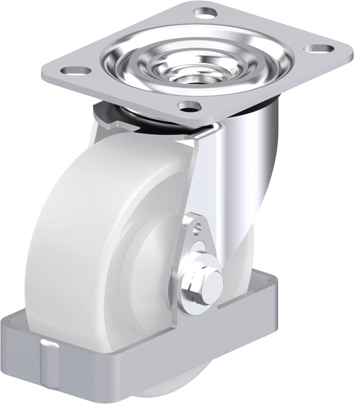 Metallisches Möbelrad mit weißem Kunststoffrad, geeignet für Möbel oder Geräte, zur flexiblen Bewegung auf glatten Oberflächen.