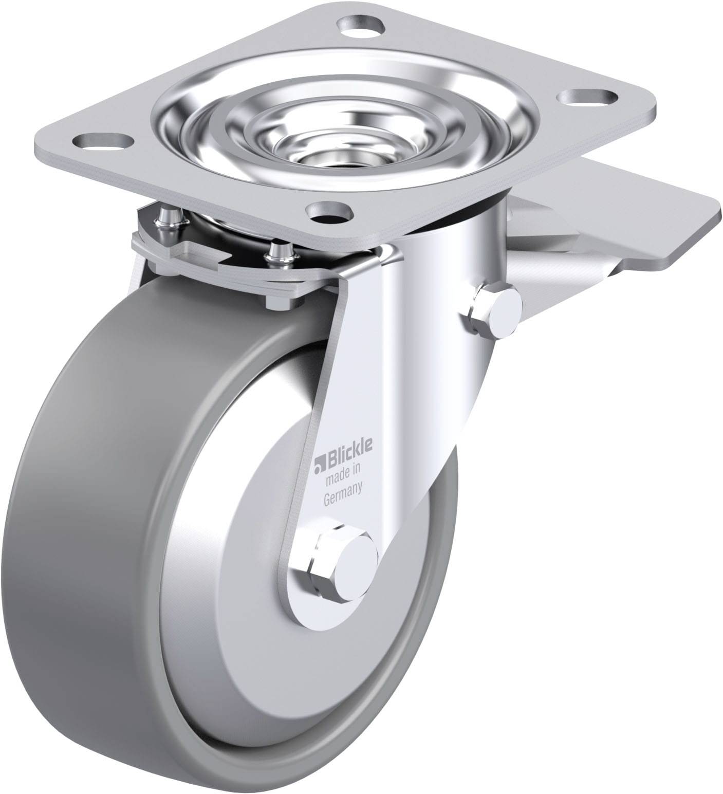 Industrie-Rollenrad mit silbernem Metallrahmen und grauem Rad. Oberteil mit Befestigungsplatte und beweglicher Bremse.