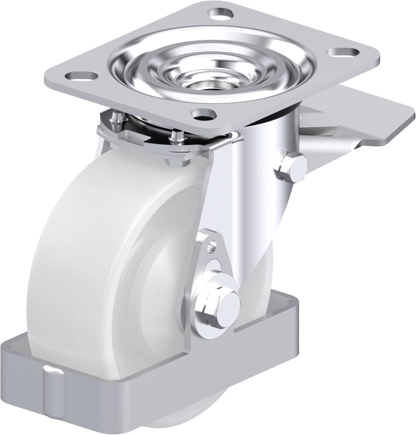 Eine schwenkbare Rolle aus Metall und Kunststoff, mit einer rechteckigen Befestigungsplatte und einer Stop-Funktion, ideal für Möbel.
