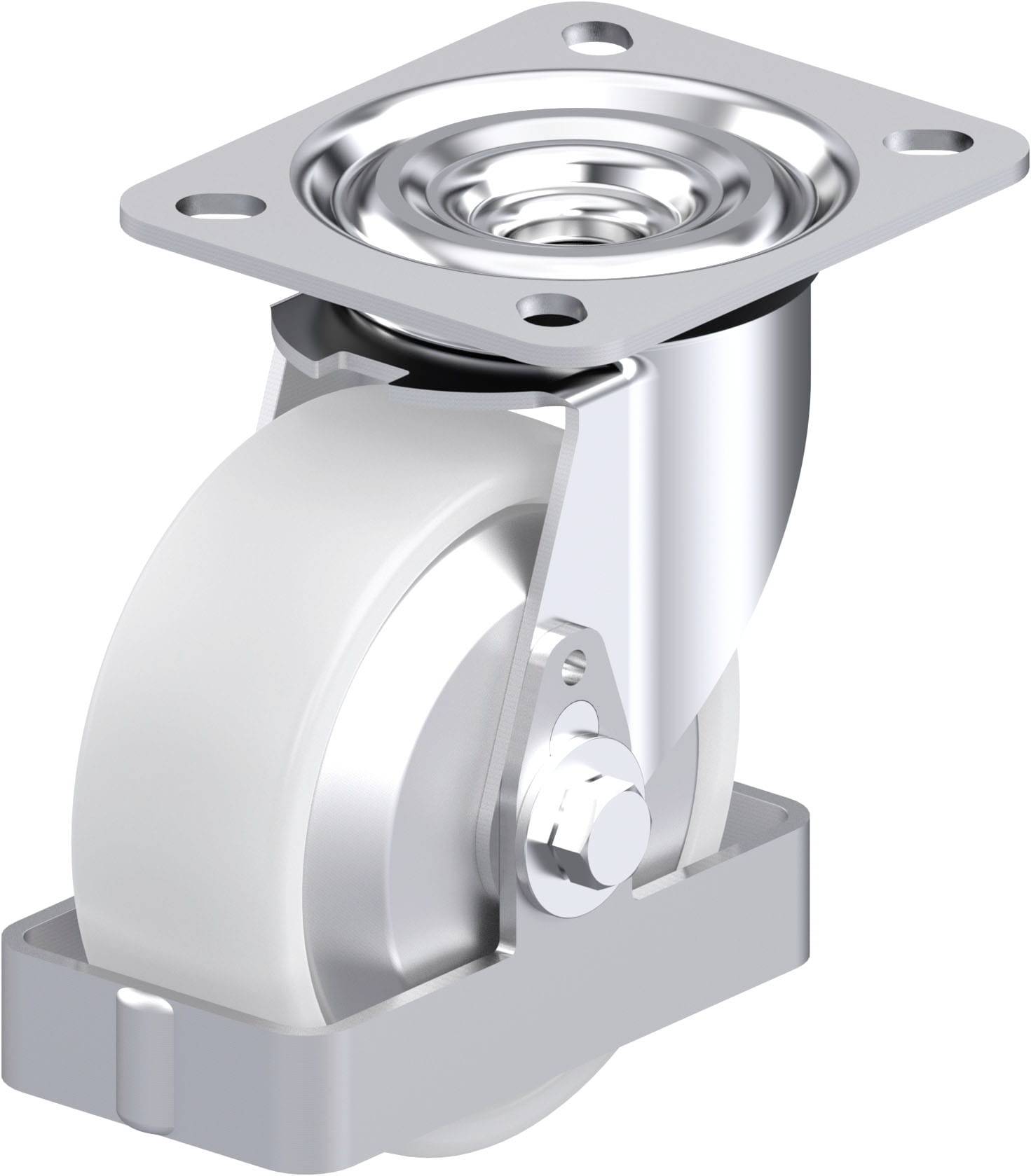 Metallrolle mit silbernem Gehäuse und weißem Rad, montiert auf einem rechteckigen Befestigungsblech. Geeignet für Möbel oder Geräte.