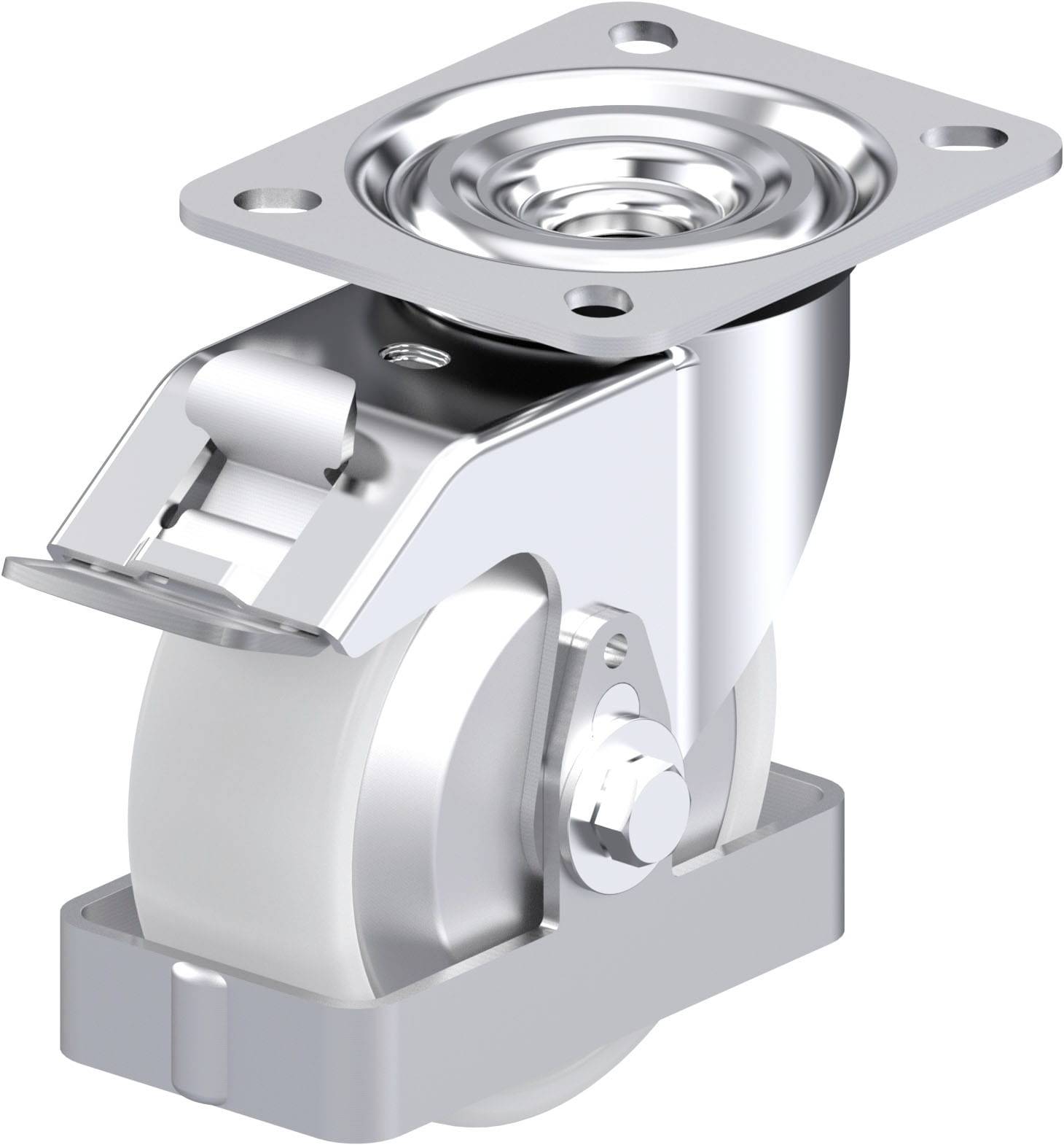 Rollenlenkrolle aus Metall mit weißem Rad und Halterung, in Seitenansicht gezeigt. Klare Linien und industrielles Design, geeignet für Möbel.
