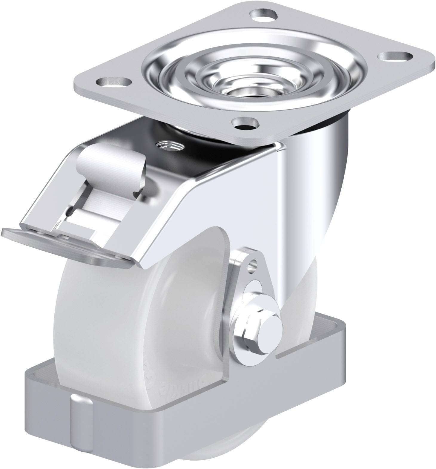 Schwenkrolle aus Metall mit weißem Rad und Bremssystem, geeignet für Möbel- oder Geräteunterbau.