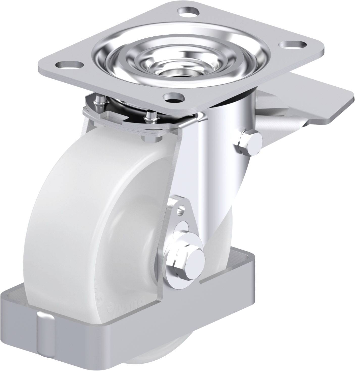 Der abgebildete Lenkrollenbeschlag zeigt ein rotierbares Schwenkrad mit Metallgehäuse und Montageplatte, geeignet für Möbel oder Geräte.