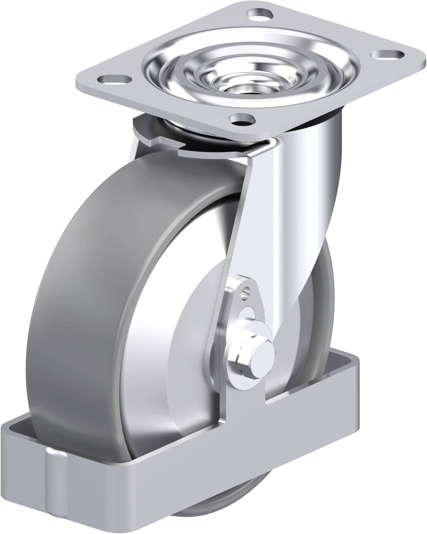 Metallisches Schwenkrollenrad mit Befestigungsplatte, geeignet für industrielle Anwendungen. Enthält Rollertechnologie für reibungslose Bewegung.