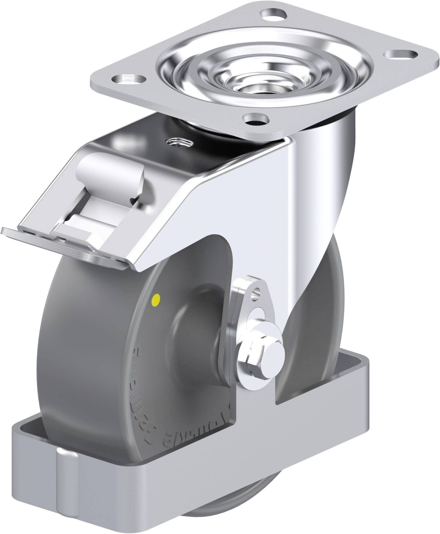 Industrie-Feststellerolle mit grauem Rad und Metallhalterung, geeignet für schwere Lasten und industriellen Einsatz.