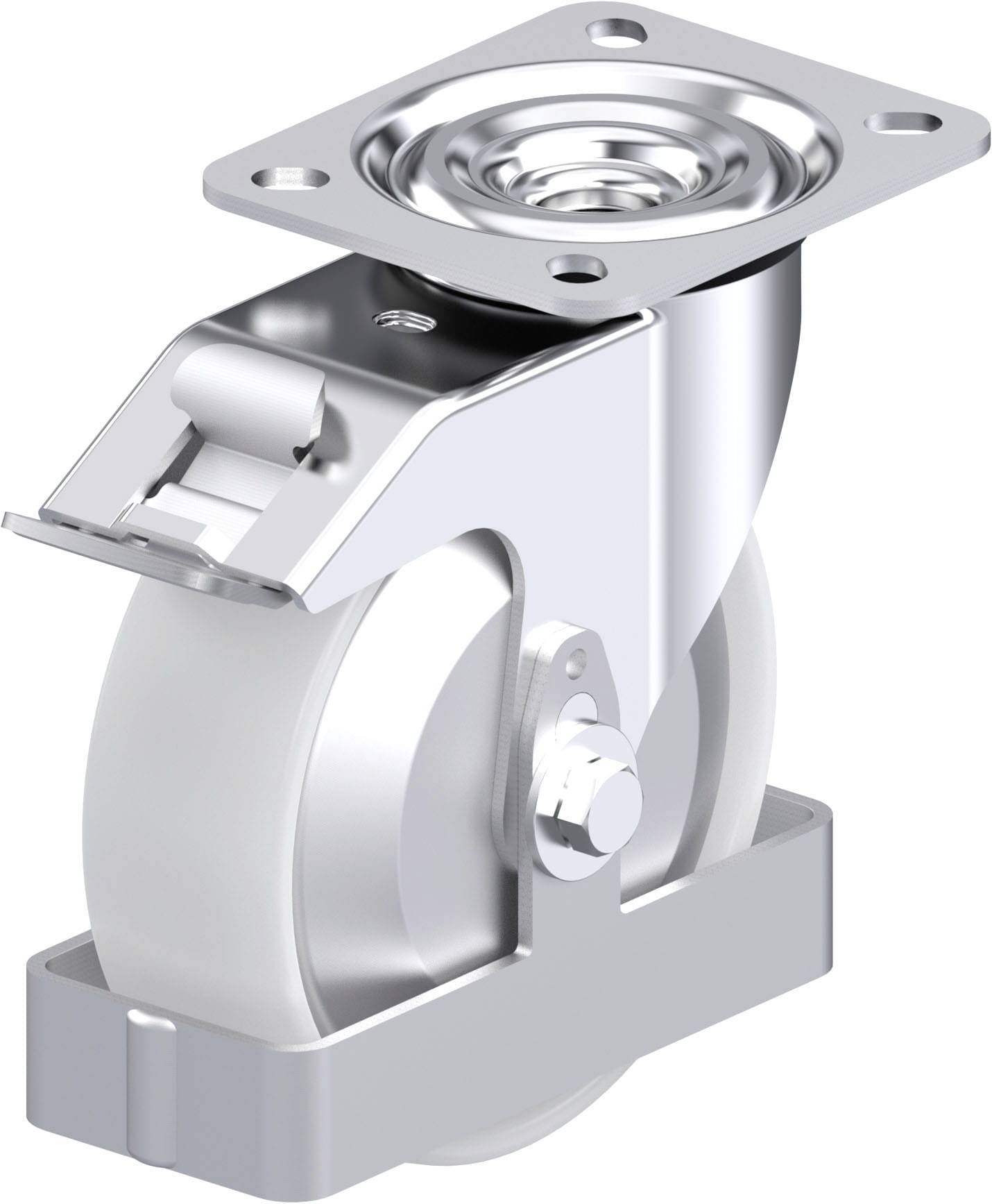 Industrie-Rolle aus Metall mit weißem Kunststoffrad und Befestigungsplatte.
