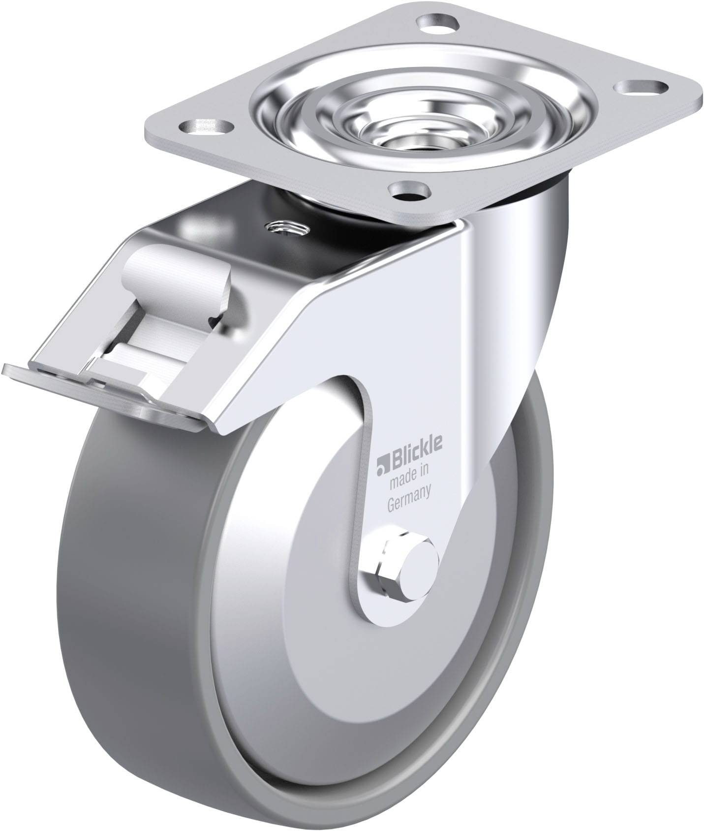 Metallrolle mit Drehgelenk und Befestigungsplatte, geeignet für Transportgeräte. Hergestellt in Deutschland von der Firma Blickle.
