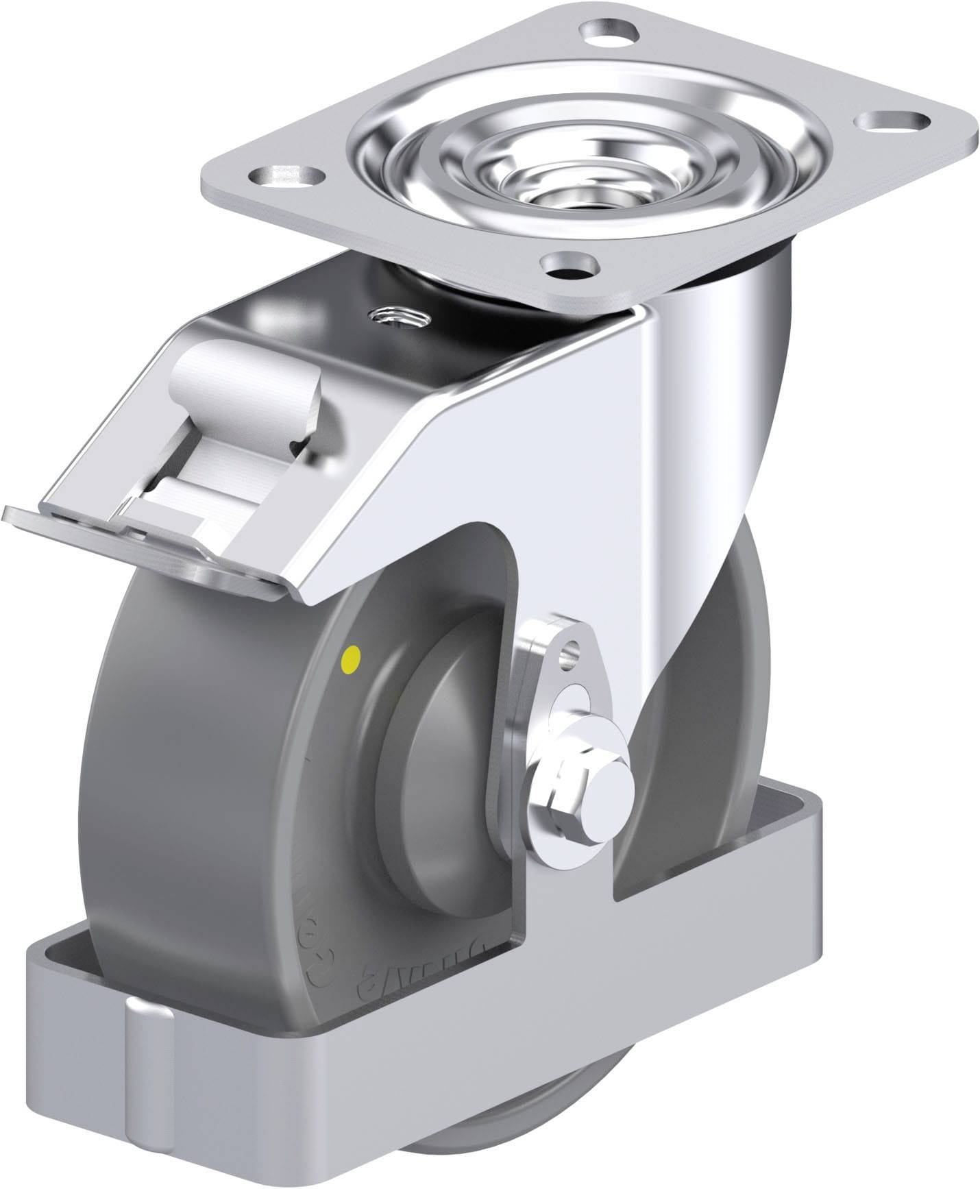 Graue Lenktrolle mit Metallgehäuse und Bremse, auf rechteckiger Metallmontageplatte. Geeignet für Möbel oder Transportgeräte.