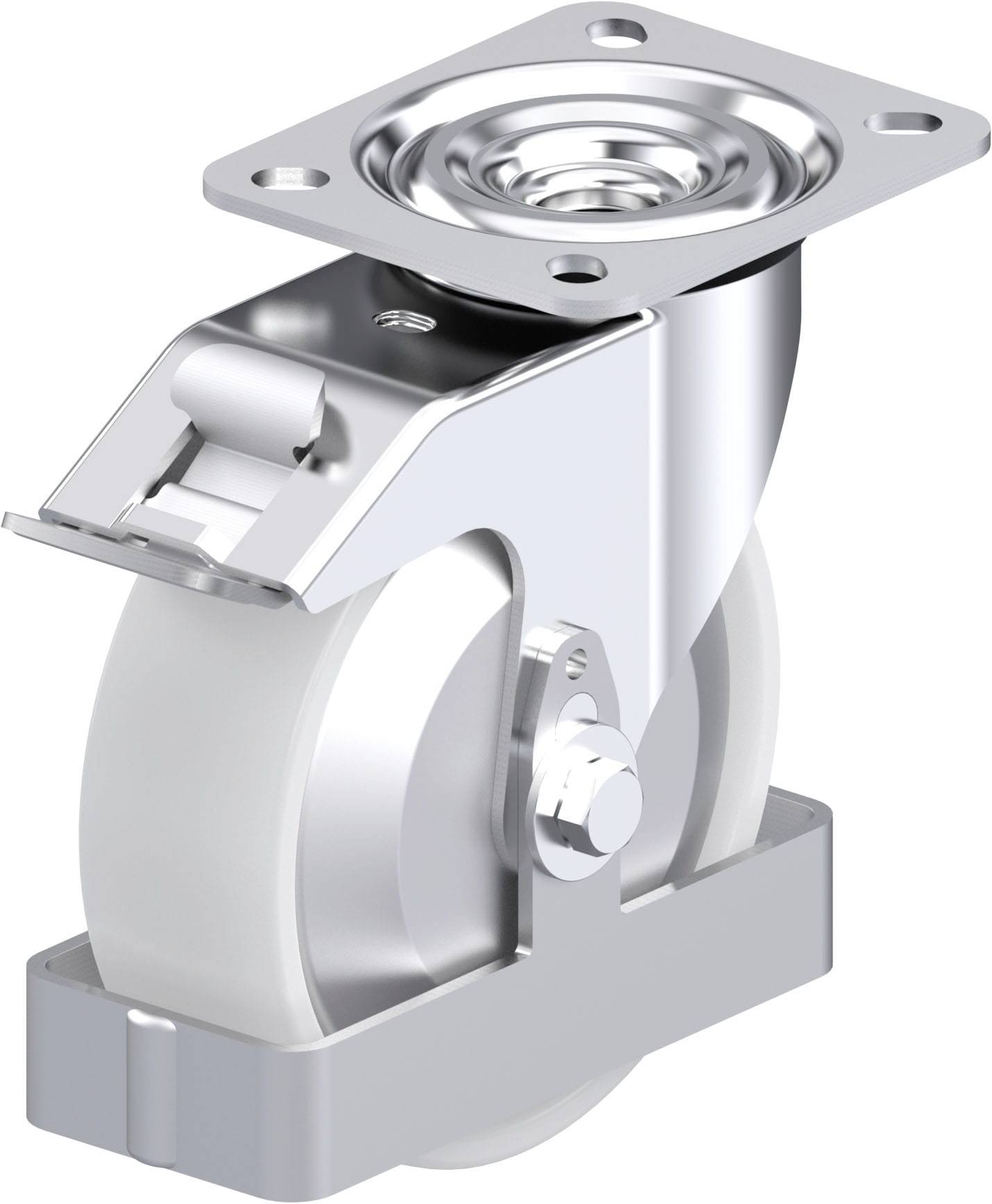 Silberne Schwerlastrolle mit weißem Rad und Montageplatte, geeignet für industrielle Anwendungen und hohe Traglasten.