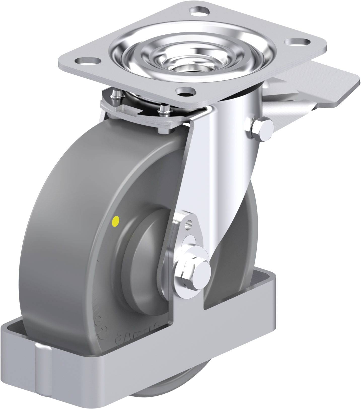 Graue Lenkrolle mit Metallhalterung und rechteckiger Montageplatte, geeignet für Möbel oder Industrieausrüstung.