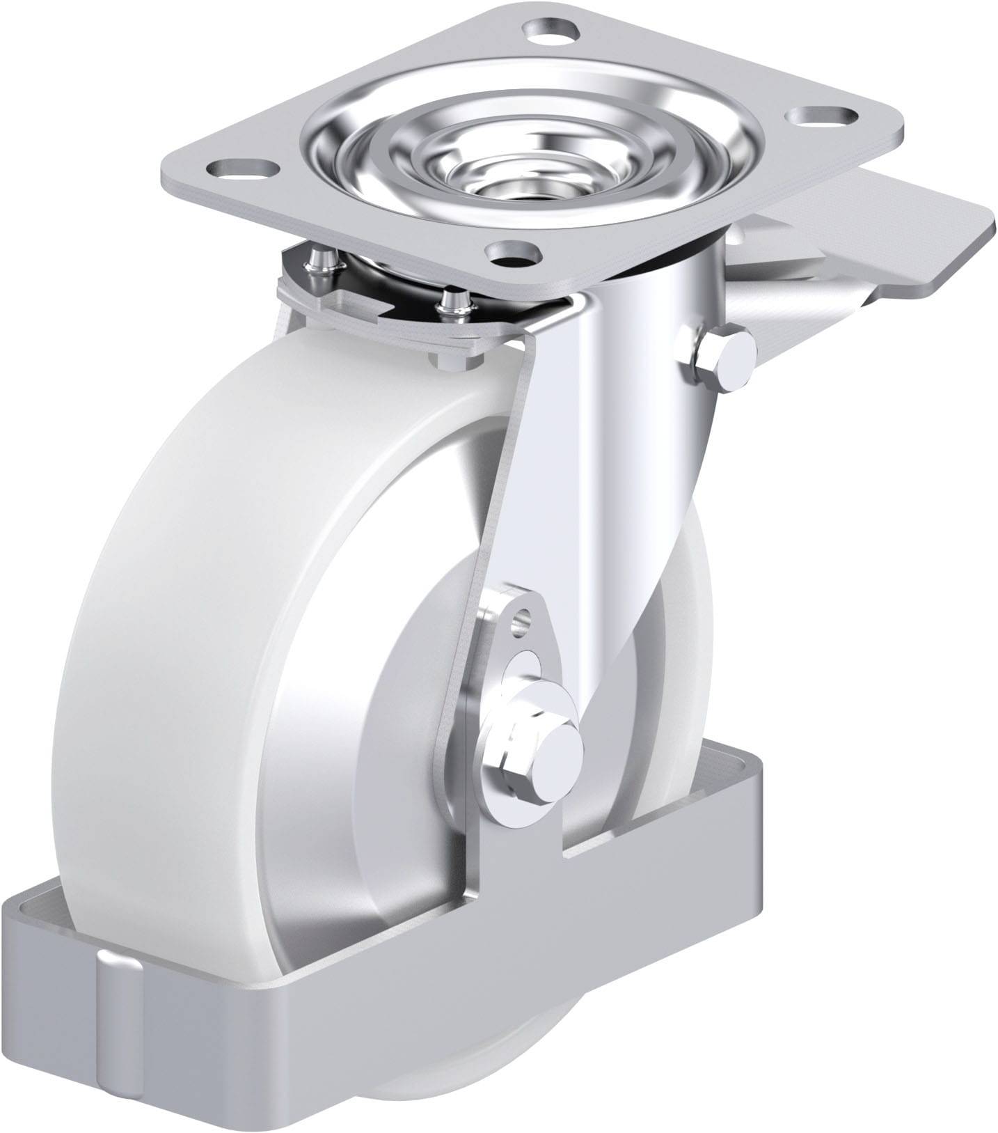 Silberne Schwerlastrolle mit weißem Rad, Metallgehäuse und Befestigungsplatte, für industrielle Anwendungen geeignet.
