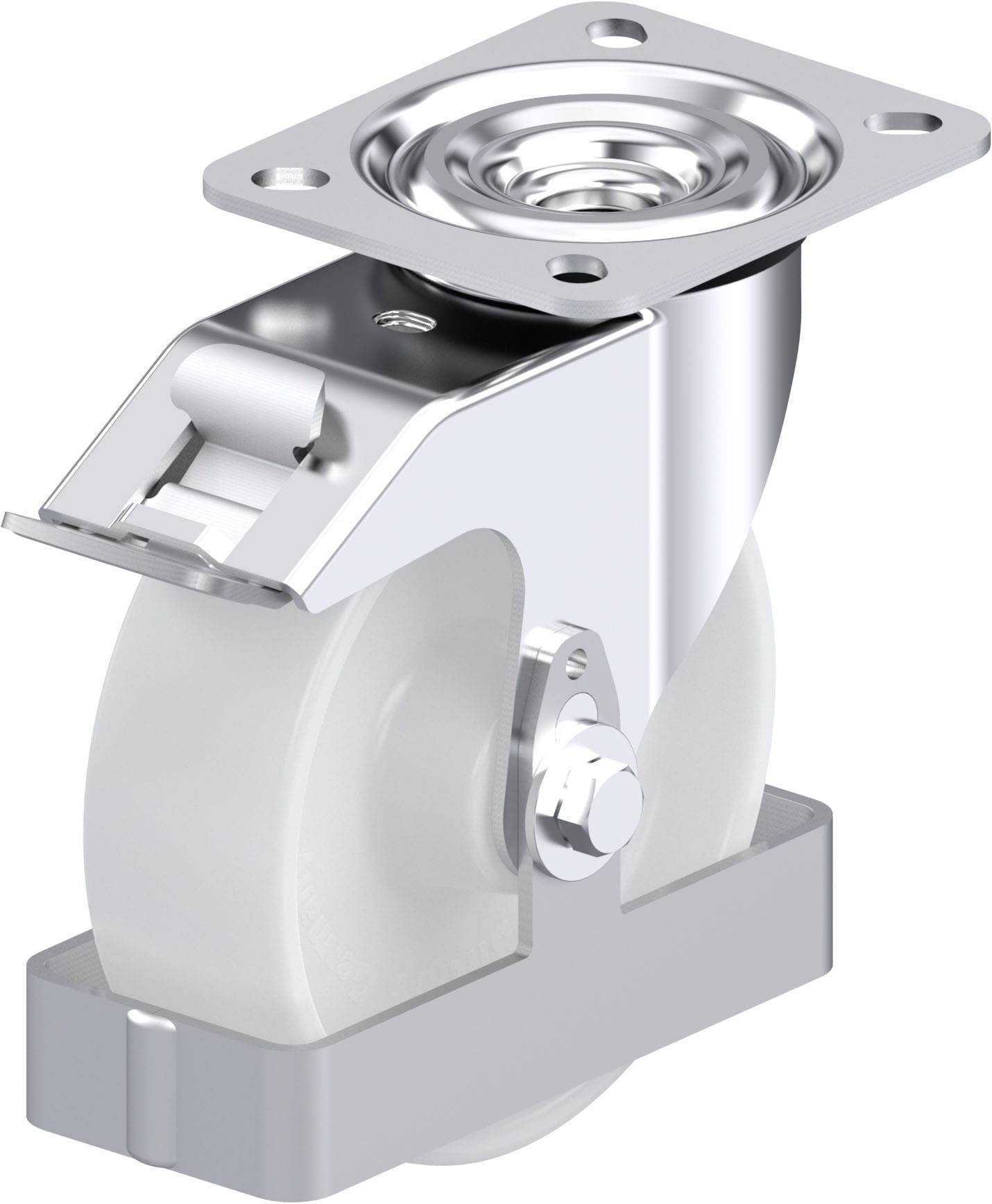 Metallrolle mit Halterung, geeignet für schwere Lasten. Die Rolle ist weiß und besteht aus Kunststoff, der Rahmen aus glänzendem Metall.