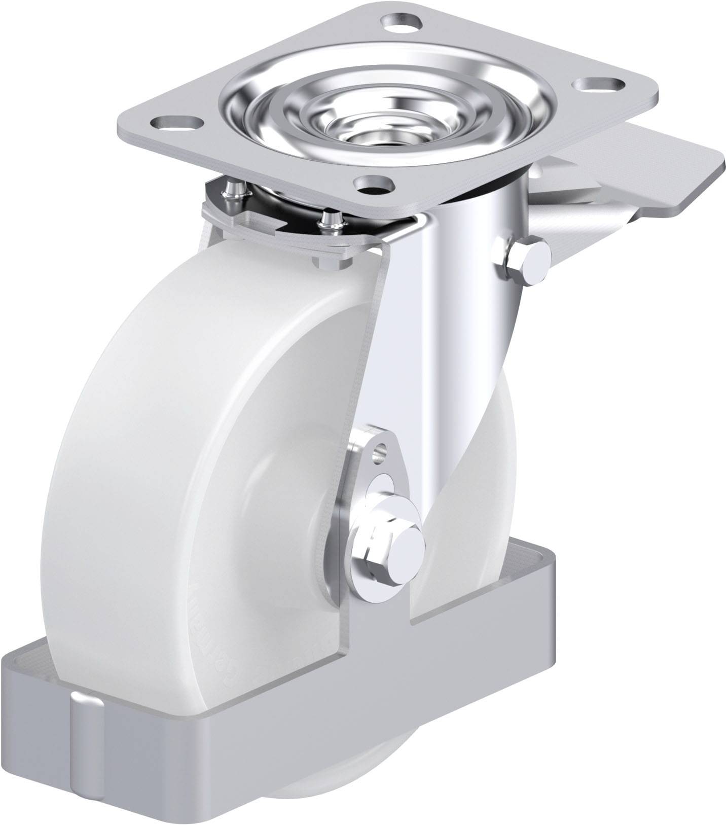 Ein robustes weißes Schwenkrollenrad mit Metallgehäuse, geeignet für Möbel oder Maschinen, zeigt die Halterung und die Befestigungsplatte.