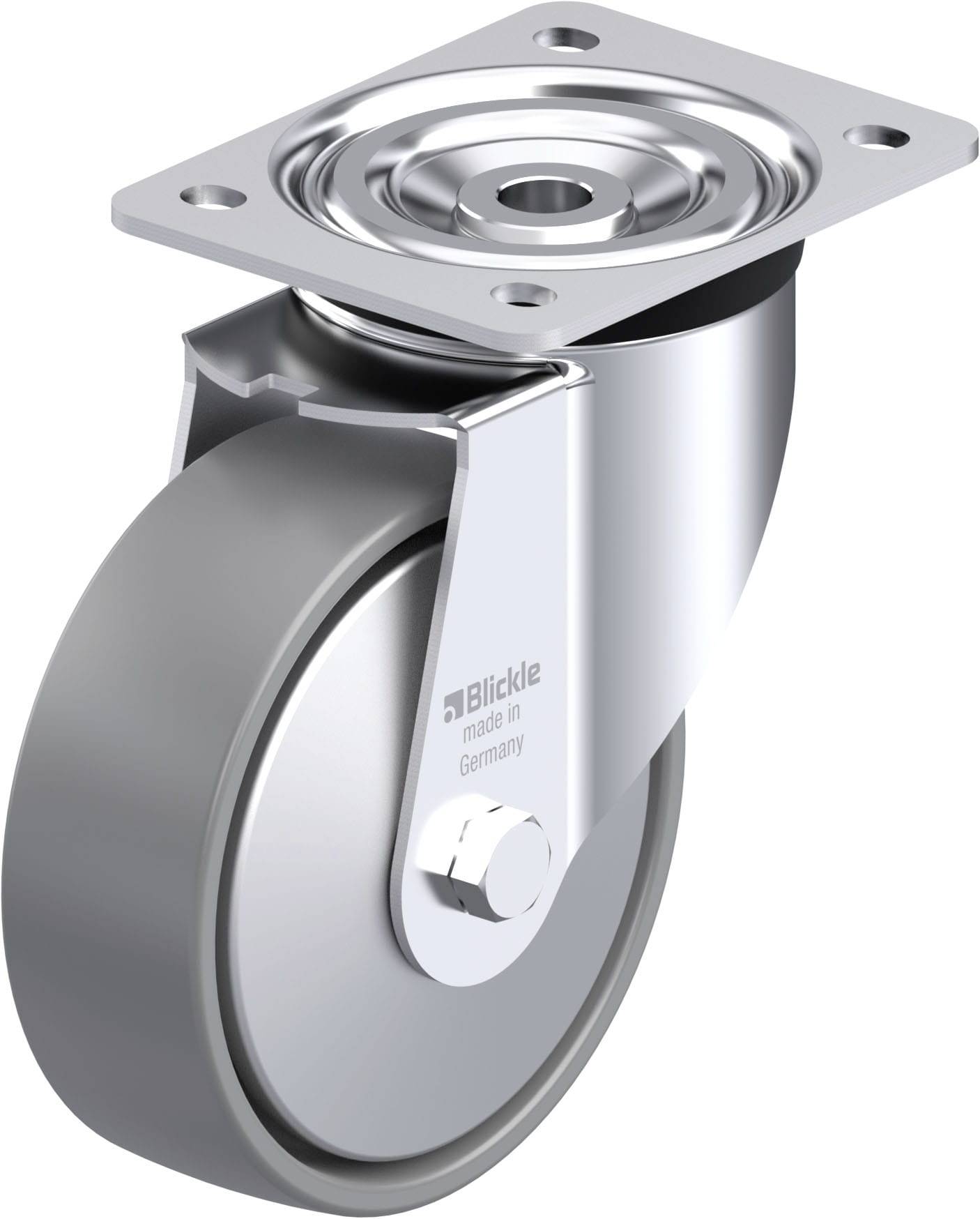 Schwenkrolle aus Metall mit grauem Rad, geeignet für Möbel oder Maschinen, mit einer Stahlplatte zur Befestigung.