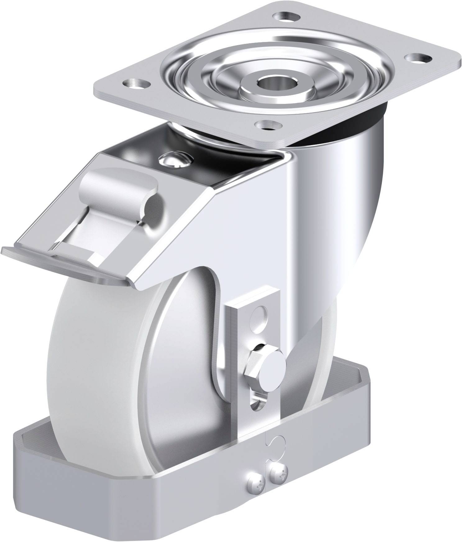 Industrie-Lenkrolle mit Metallplatte, feststellbar, aus glänzendem Metall und Kunststoff, geeignet für schwere Lasten und bewegliche Geräte.