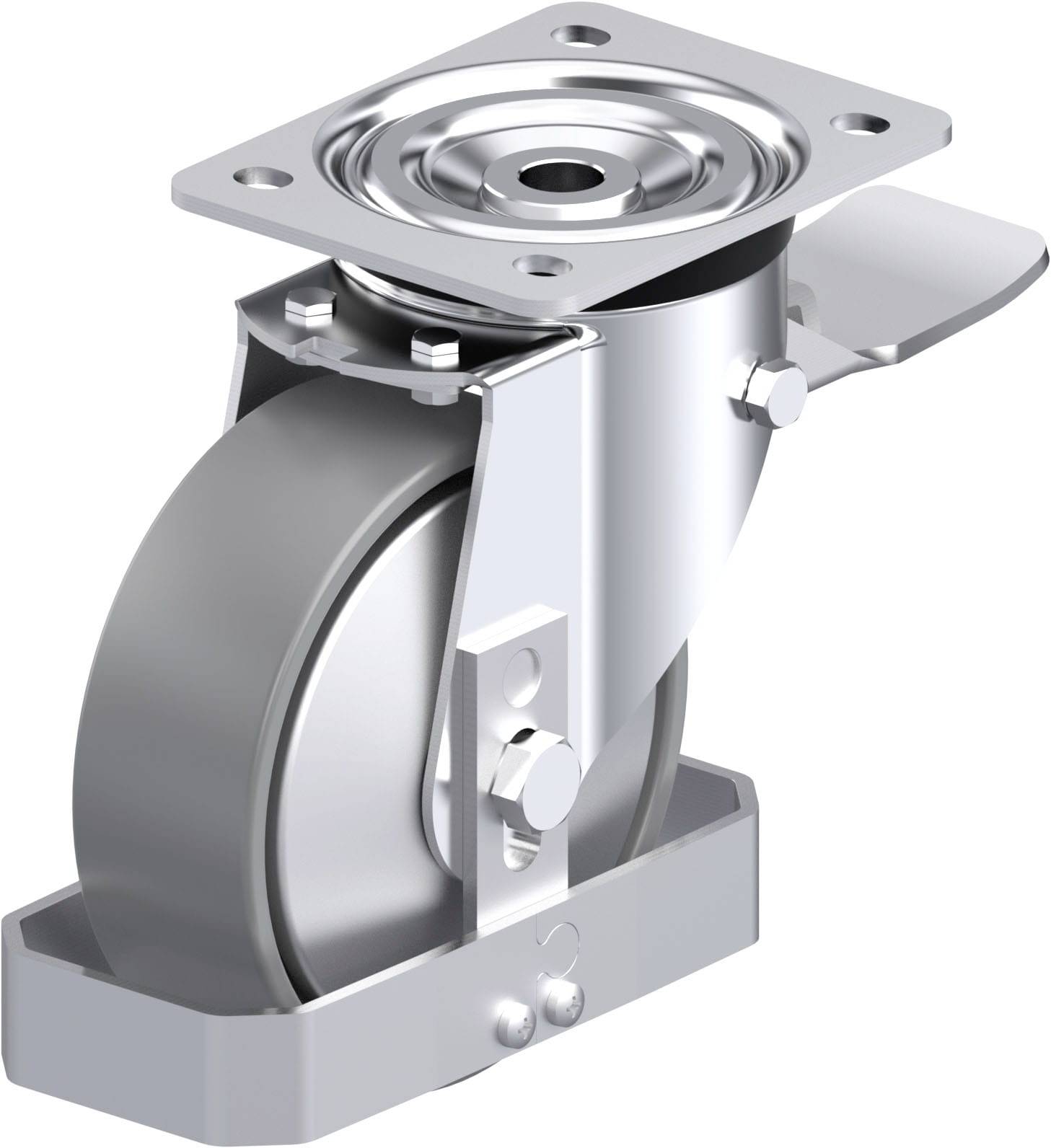 Rollenrad aus Metall mit rechteckiger Befestigungsplatte und schwenkbarem Mechanismus.